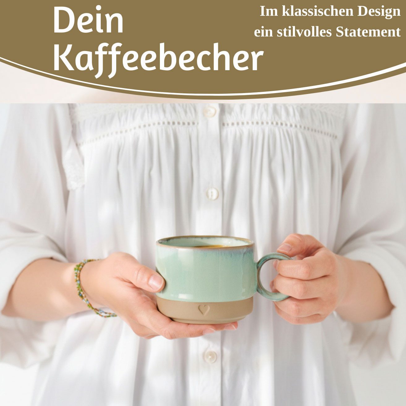 LS-LebenStil Becher Exklusiver Kaffeebecher 290ml Aqua Herz Henkelbecher mit Henkel Griff, 1-tlg., Steingut - ähnlich Porzellan, Steingut handgetöpfert Kaffeetasse Kaffee Milchkaffee Cappuccino