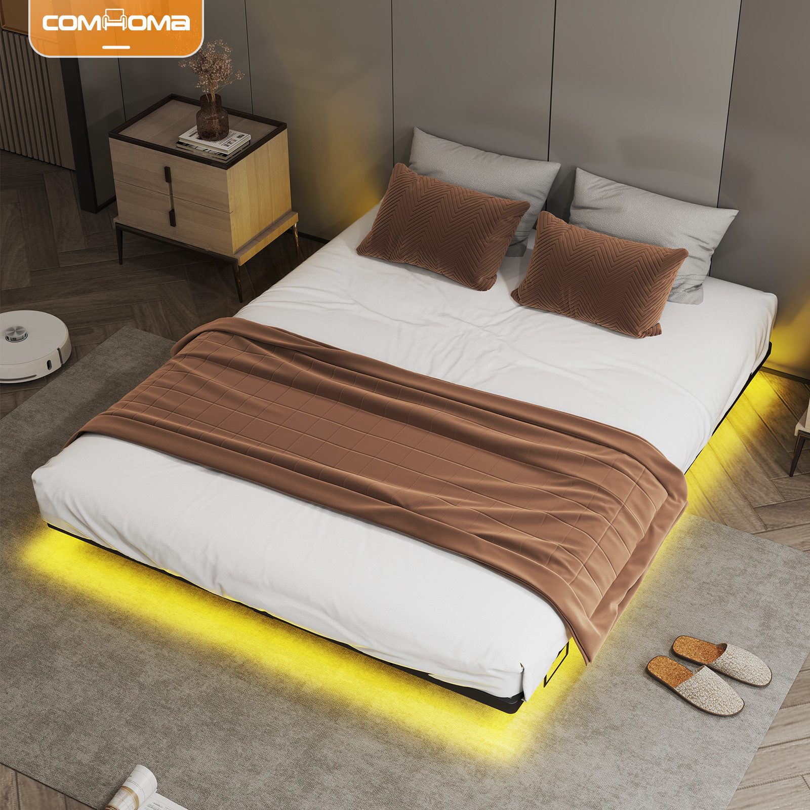 COMHOMA Bettgestell Bettrahmen Metallbett Gästebett aus Metall mit LED & Steckdosen (stabile Konstruktion), 90/120/135/140/150/160/180x200, App & Fernbedienung