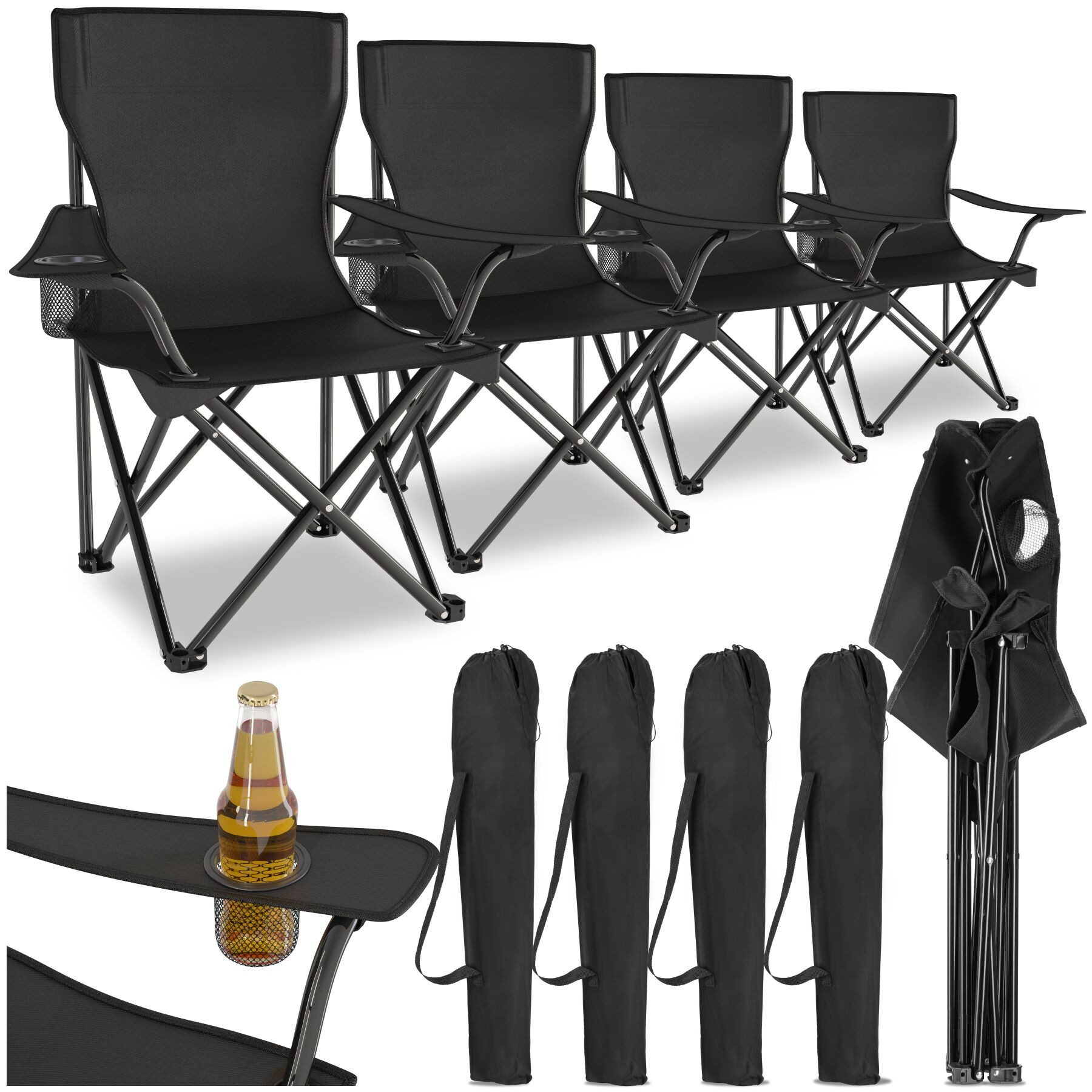tectake Campingstuhl Gartenstuhl faltbar, mit Getränkehalter, 80 x 48 x 84,5 cm (Outdoor Klapptstuhl Gil für Außen in Schwarz, 4 St), geringes Gewicht, inkl. Tragetasche