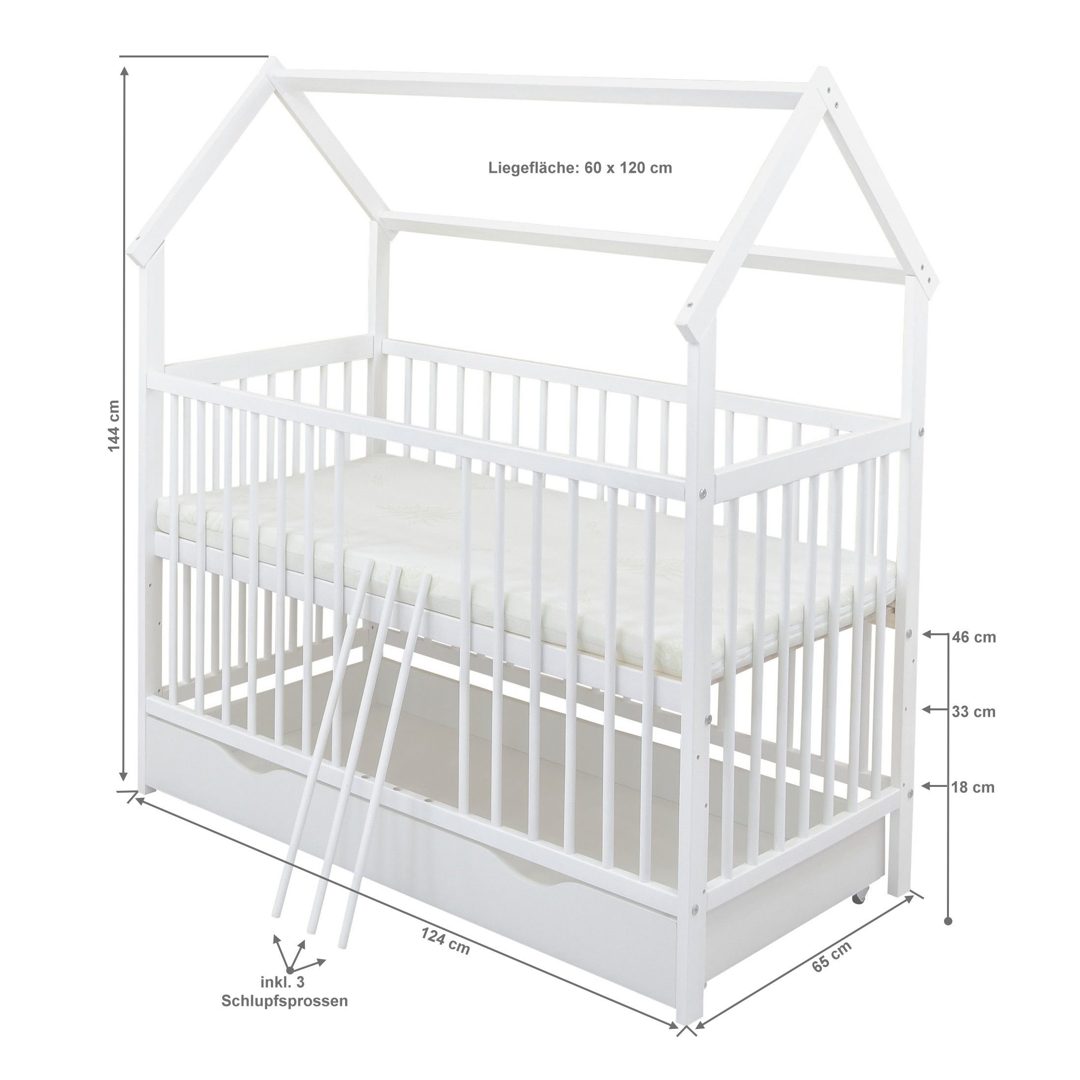 Baby-Delux Komplettbett Hausbett Babybett Schublade Schutzgitter Beißschienen Komplettset, 11-tlg., Kinderbett 60x120 cm weiß, Bettset verschiedene Designs