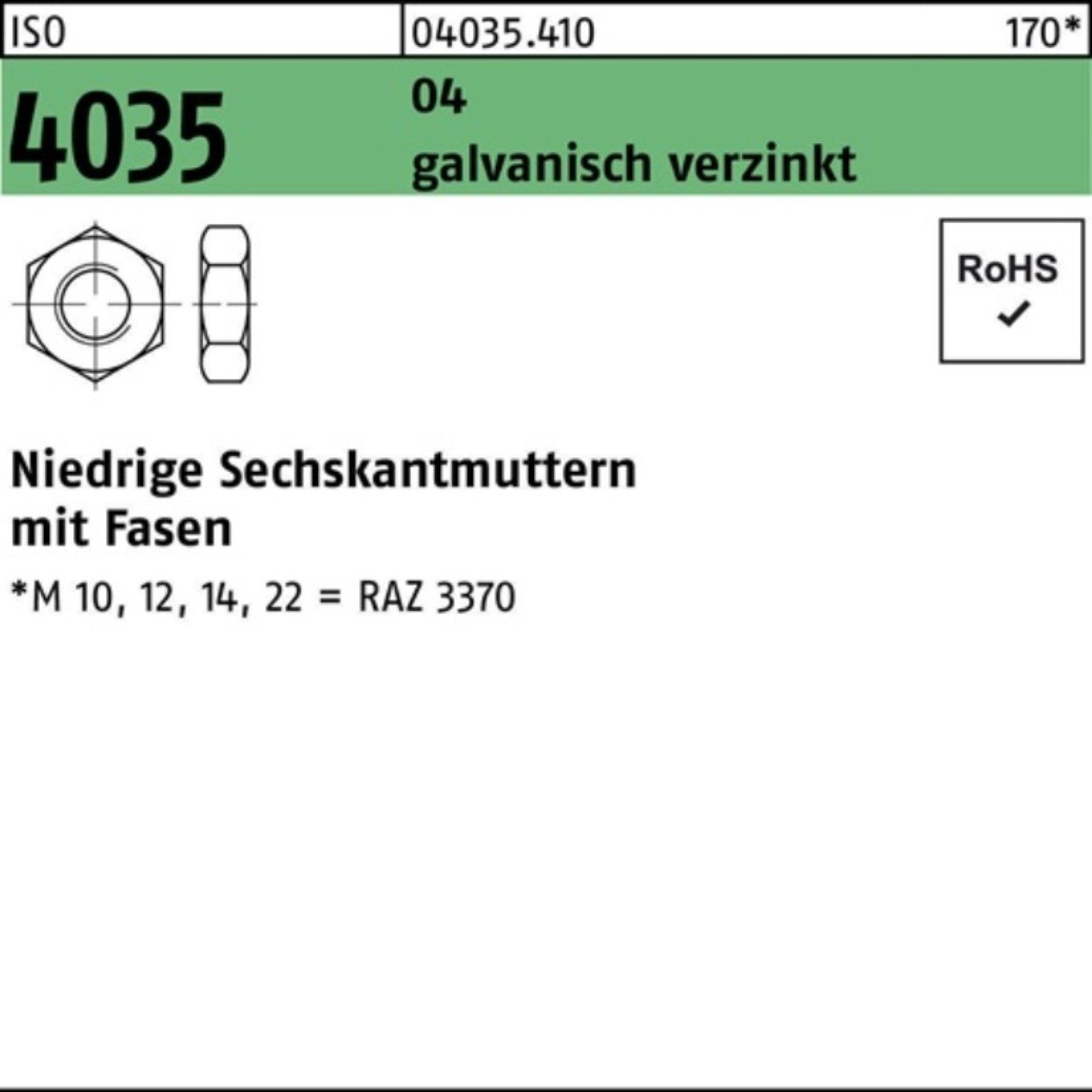 ISO Sechskantmutter Reyher Muttern g Fasen M6 niedrig 1000er 4035 Pack Automatenstahl
