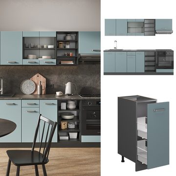 Livinity® Küchenzeile R-Line, Blau-Grau/Anthrazit, 240 cm, AP Marmor