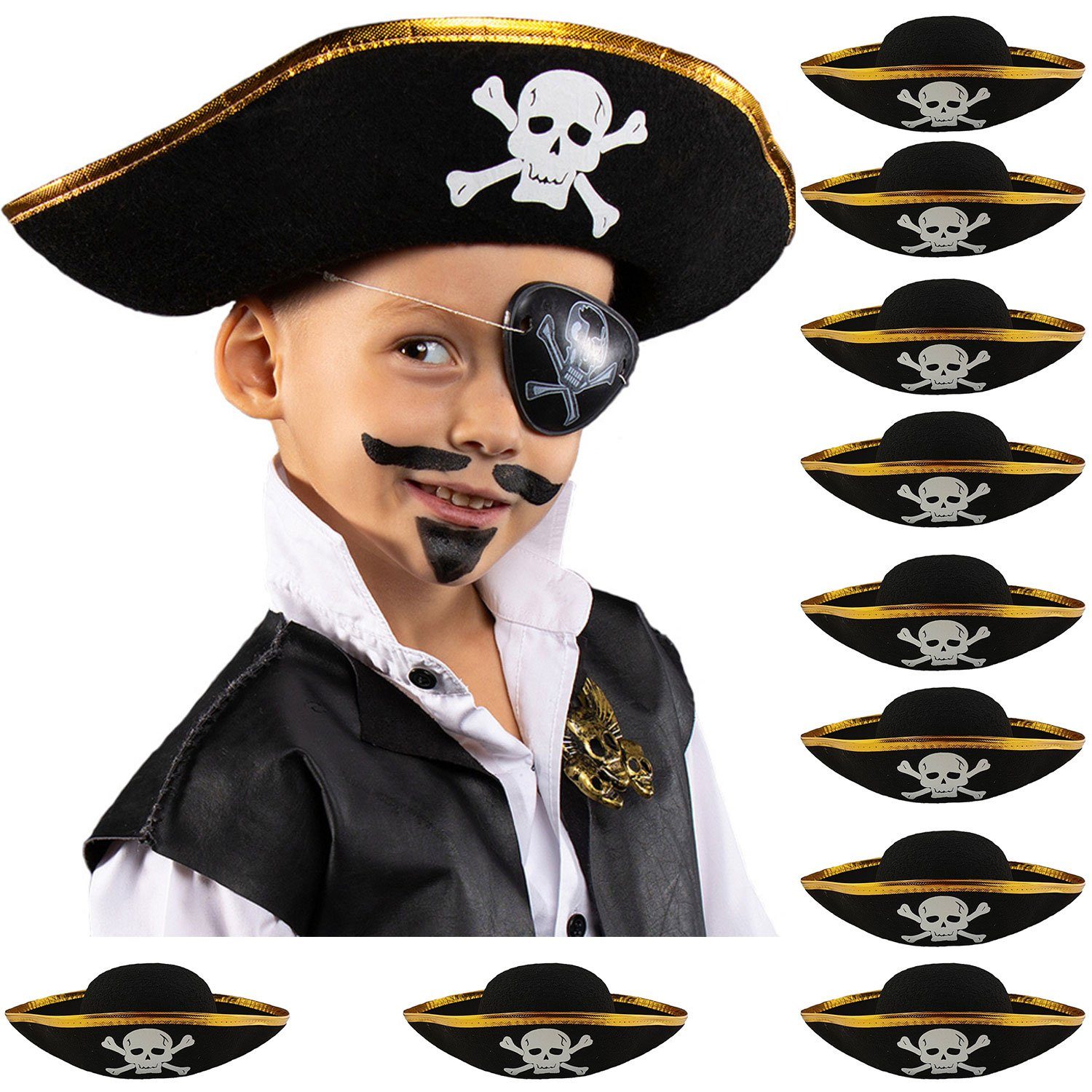 Das Kostümland Filzhut Piratenhut mit Totenkopf für Kinder, Schwarz Gold (10-St)