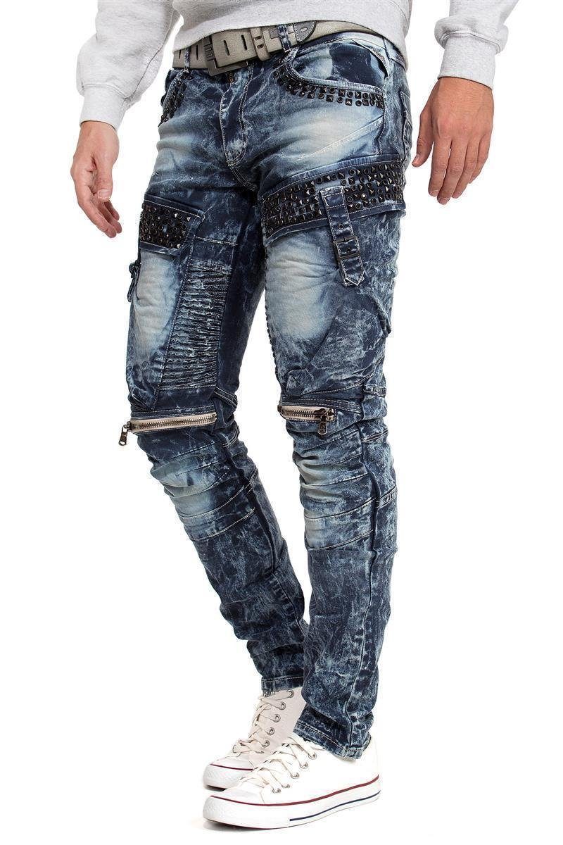 Hose & Seitentaschen Cargo Cipo Strasssteinen blau Baxx Regular-fit-Jeans mit BA-CD494 und