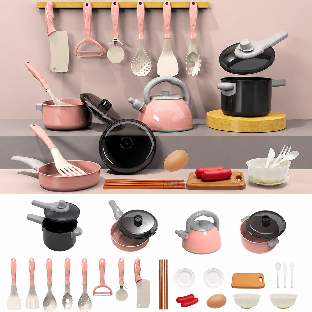 Zaewry Kinder-Küchenset 61-teiliges Kinderküchen Zubehör, BBQ-Simulationsspiel für kinder, (28-tlg), Rollenspiel Küchenzubehör,Kunststoff, Lernspielzeug