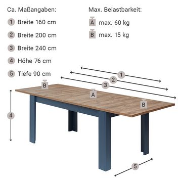 Lomadox Essgruppe DEVON-36, (Spar-Set, 3-tlg), in blau mit Eiche Nb. Landhausstil, Esstisch mit 2 Bänken