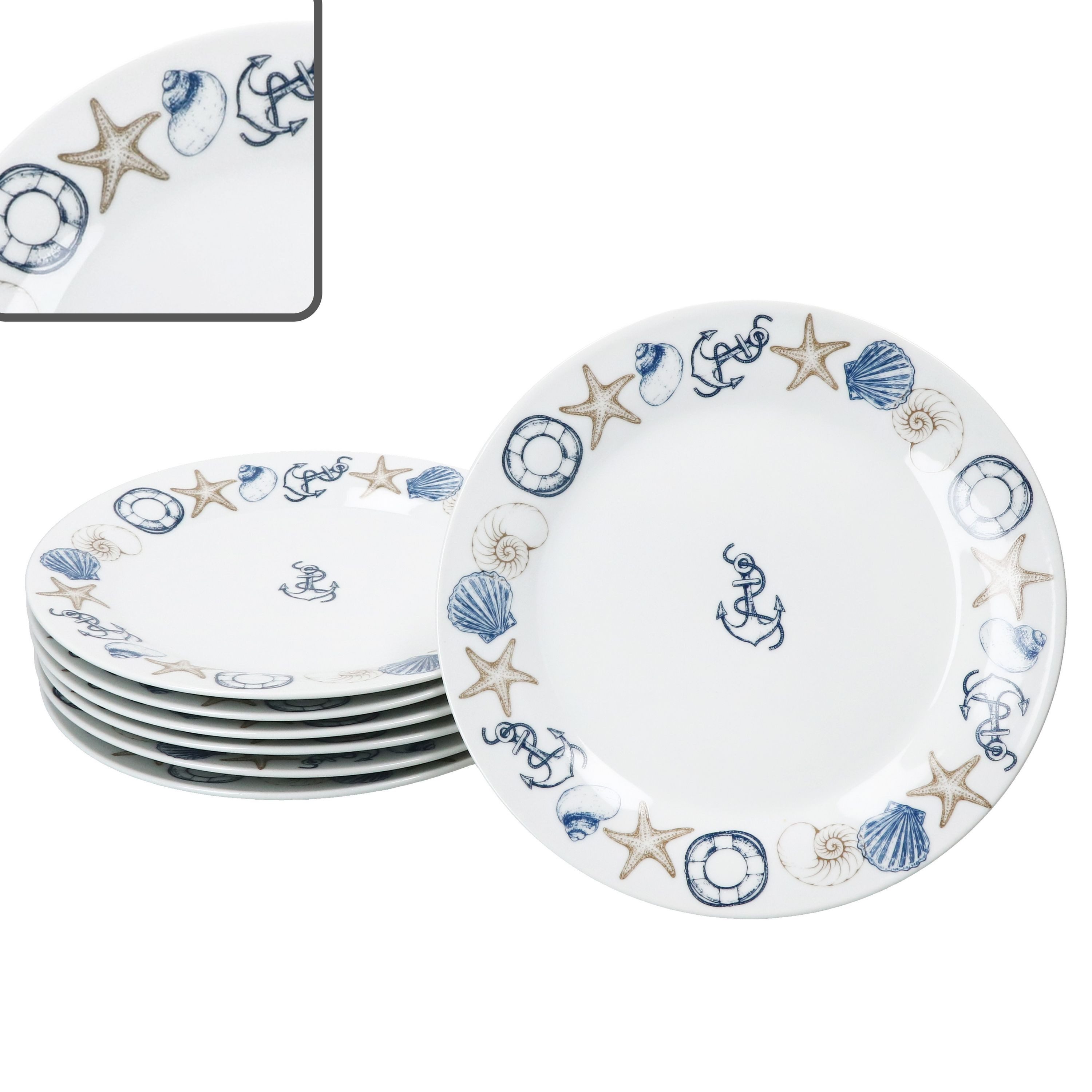 Frühstücksteller Neptun 6er Set Kuchenteller Porzellan Dessert-Teller maritim Anker