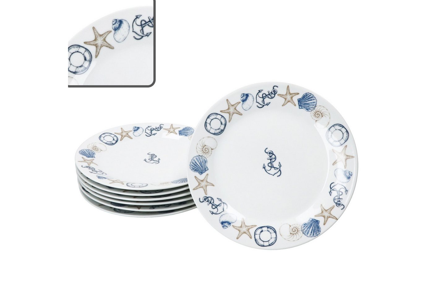 MamboCat Frühstücksteller Neptun 6er Set Kuchenteller Porzellan Dessert-Teller maritim Anker