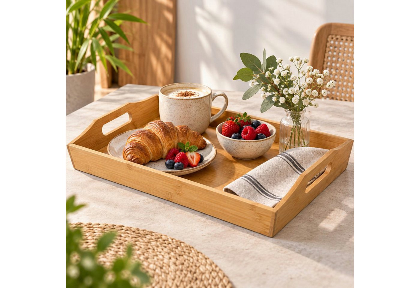 Koopman Tablett Serviertablett Tablett Bambus 43cm, Bambus, (Stück, 1-tlg., Packung), 43x29x5cm, Naturprodukt, Tragegriffe, Frühstück