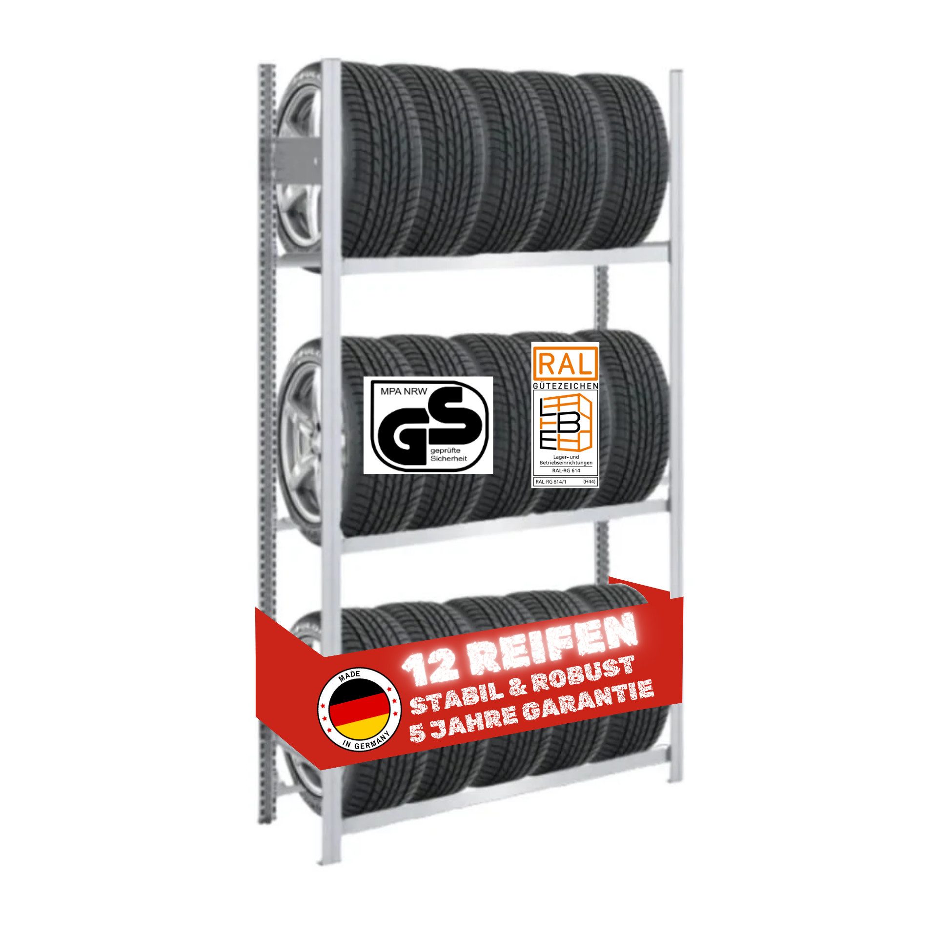 PROREGAL® Schwerlastregal Reifenregal TIRE PRO Made in Germany für bis zu 72 Reifen Verzinkt, Extrem robust dank Industriequalität aus Deutschland