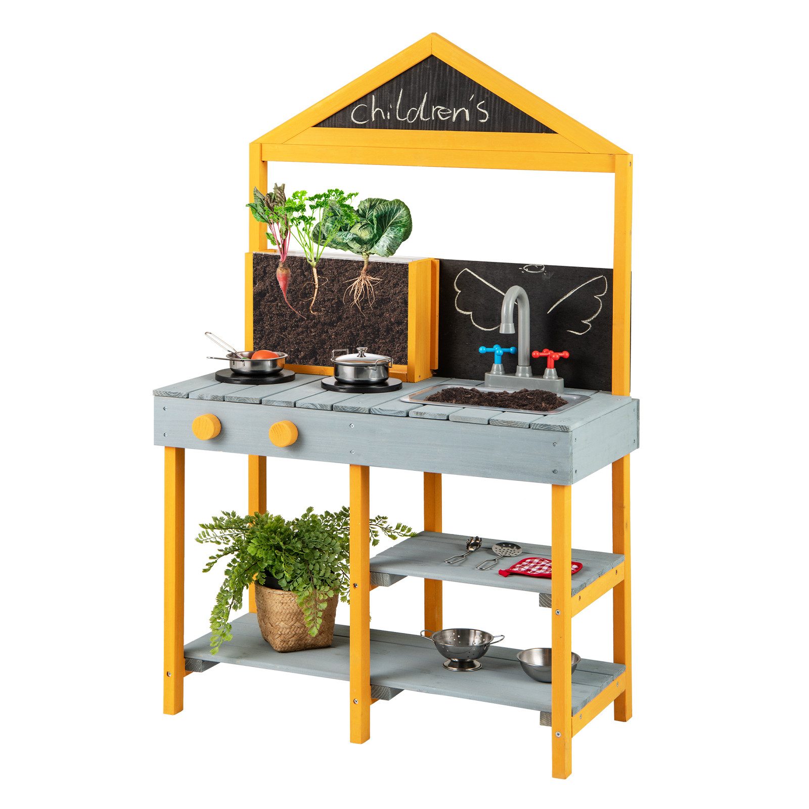 COSTWAY Outdoor-Spielküche Holz, Kinderküche mit Wasserhahn, Waschbecken, inkl. 8 Zubehör