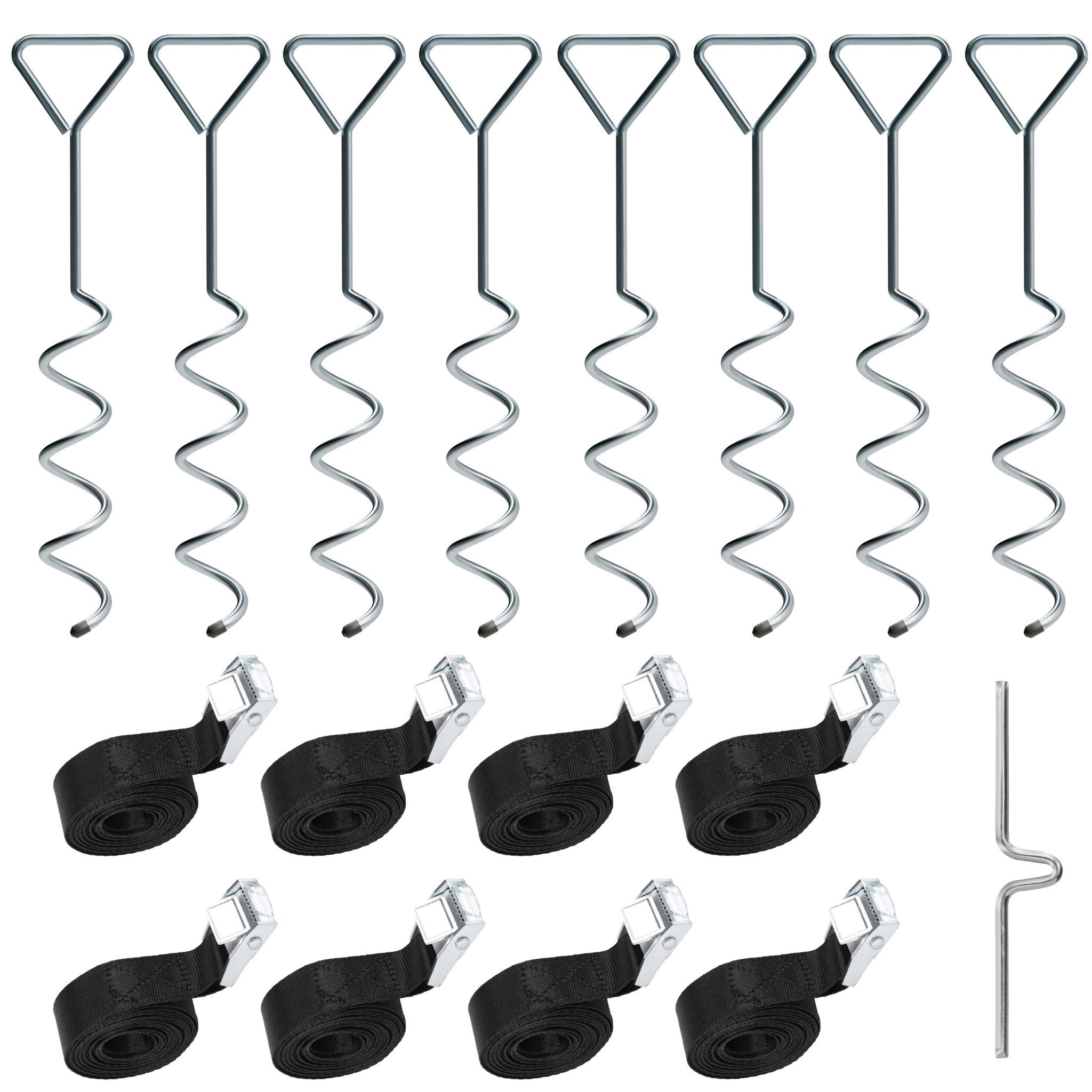 NewHabitat Bodenanker Erdanker zum Eindrehen, 38cm, für Trampolin-Sicherung I inkl Gurte, für Trampolin, Schaukel, Pavillion, Festzelt uvm., zum Eindrehen, (Kompletteset, 8-St., inkl. Drehhilfe), Einfaches Eindrehen mit Drehhilfe