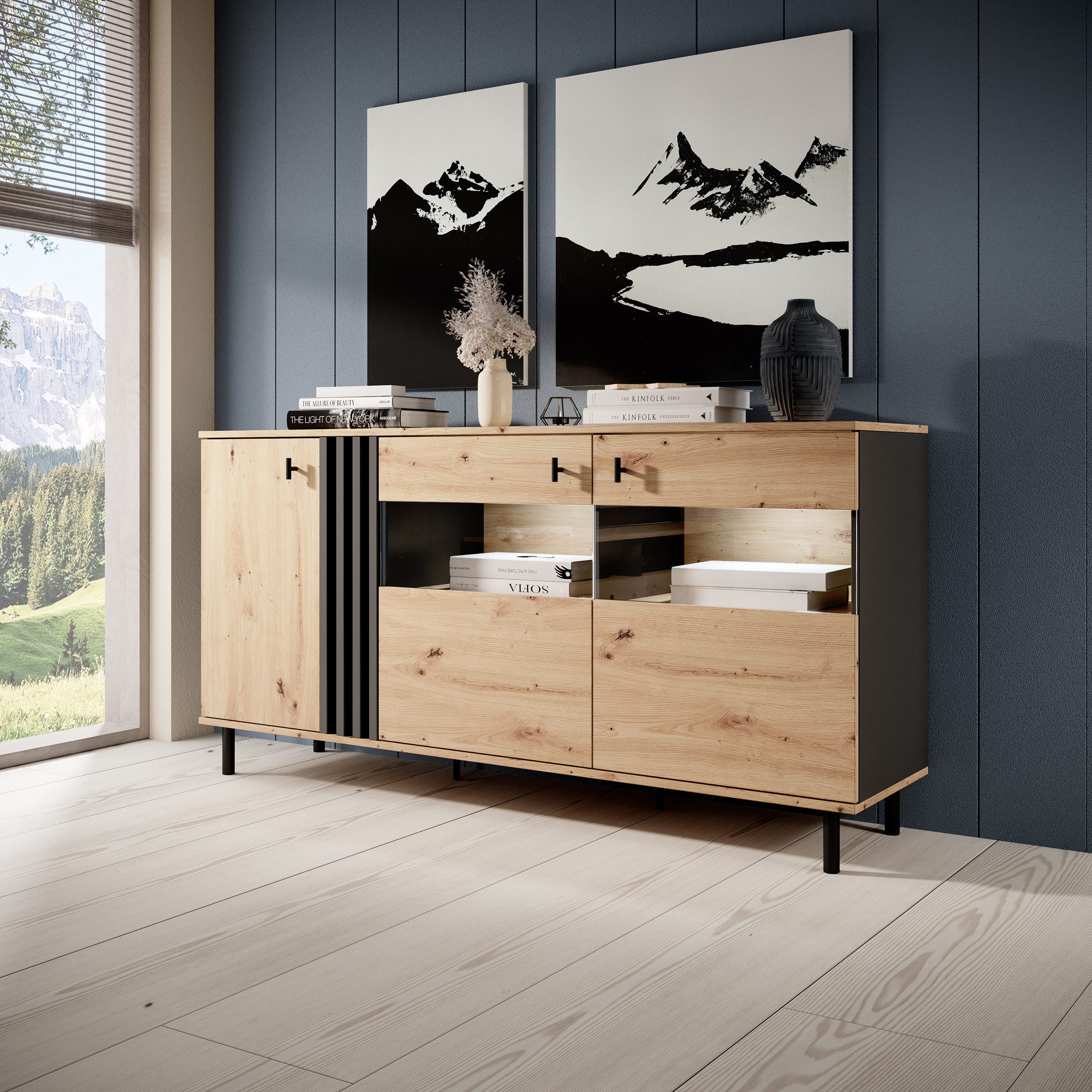 Masseno Kommode MADDALENA 165 cm Sideboard und 3 Türen grau