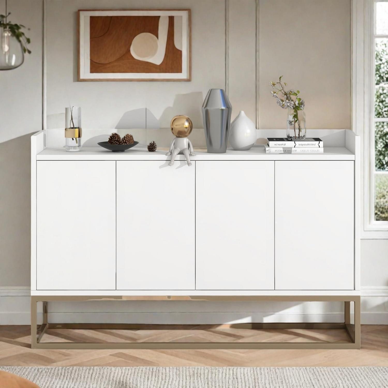 LuxusKollektion Buffet Anrichte Küchenschrank 4 Türen Regal Metallbeine Wohnzimmer Weiß