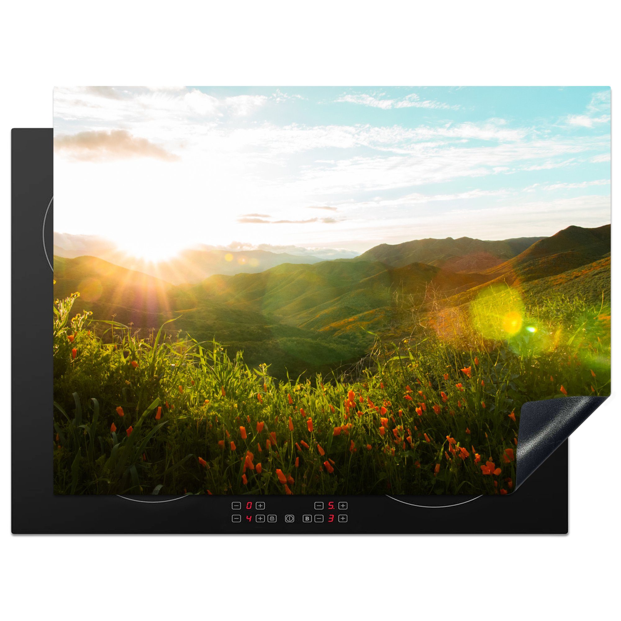 MuchoWow Herdblende-/Abdeckplatte Sonnenuntergang Ceranfeldabdeckung 70x52 Gras - - - tlg), Arbeitsfläche Grün, (1 Hügel Vinyl, Mobile cm, nutzbar