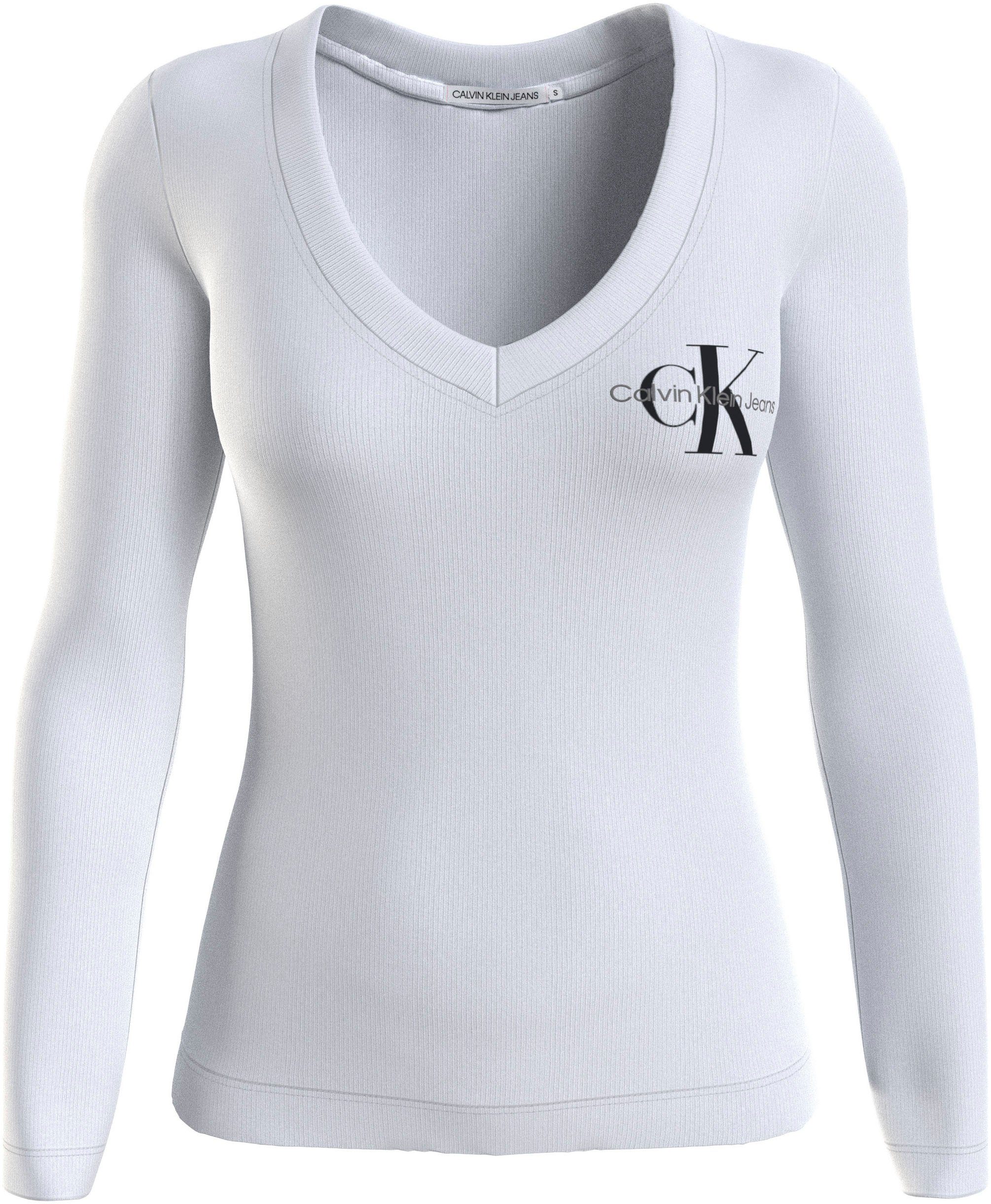 Calvin Klein Jeans Langarmshirt RIB V-NECK MONOLOGO LONG SLEEVE Bright White
