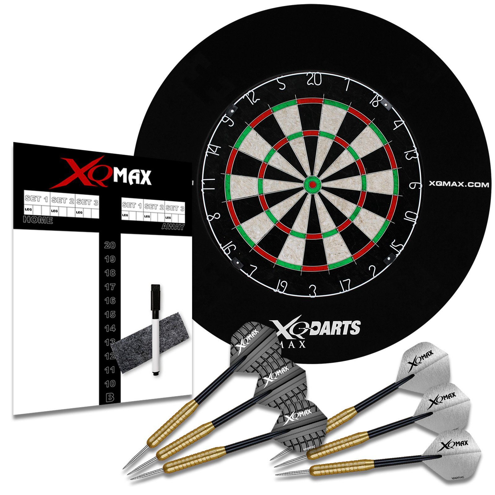XQMAX Dartscheibe Dart Starter-Set mit Surround Ring schwarz, (Komplettset, Profi Dartset), inkl. 6 Pfeile Spielstandtafel Marker
