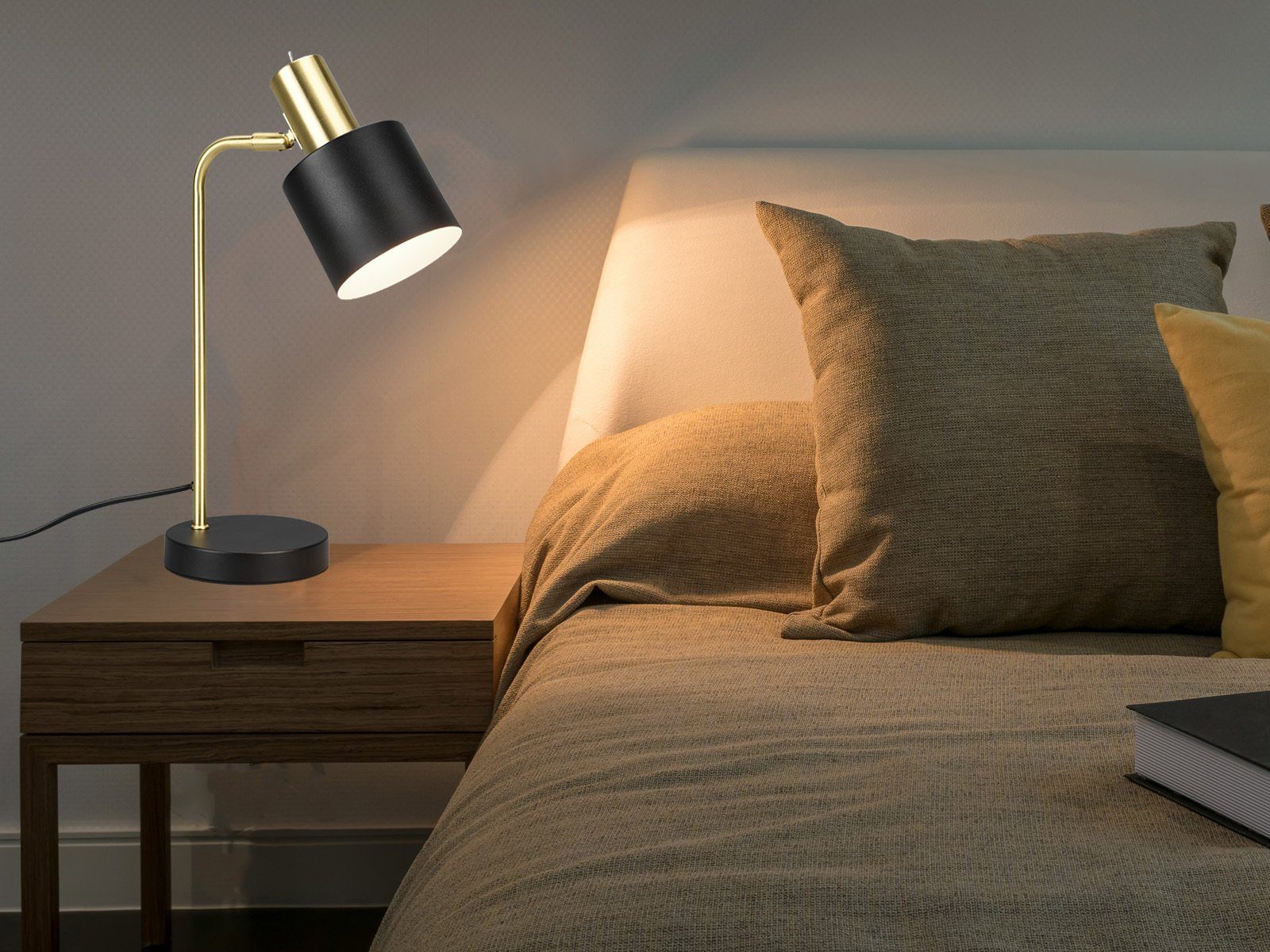 Bett H: Lampenschirm LED wechselbar, LED Schwarz dimmbar, meineWunschleuchte mit warmweiß, Nachttischlampe, Schwarz-Gold 43cm große Leselampe Gold,