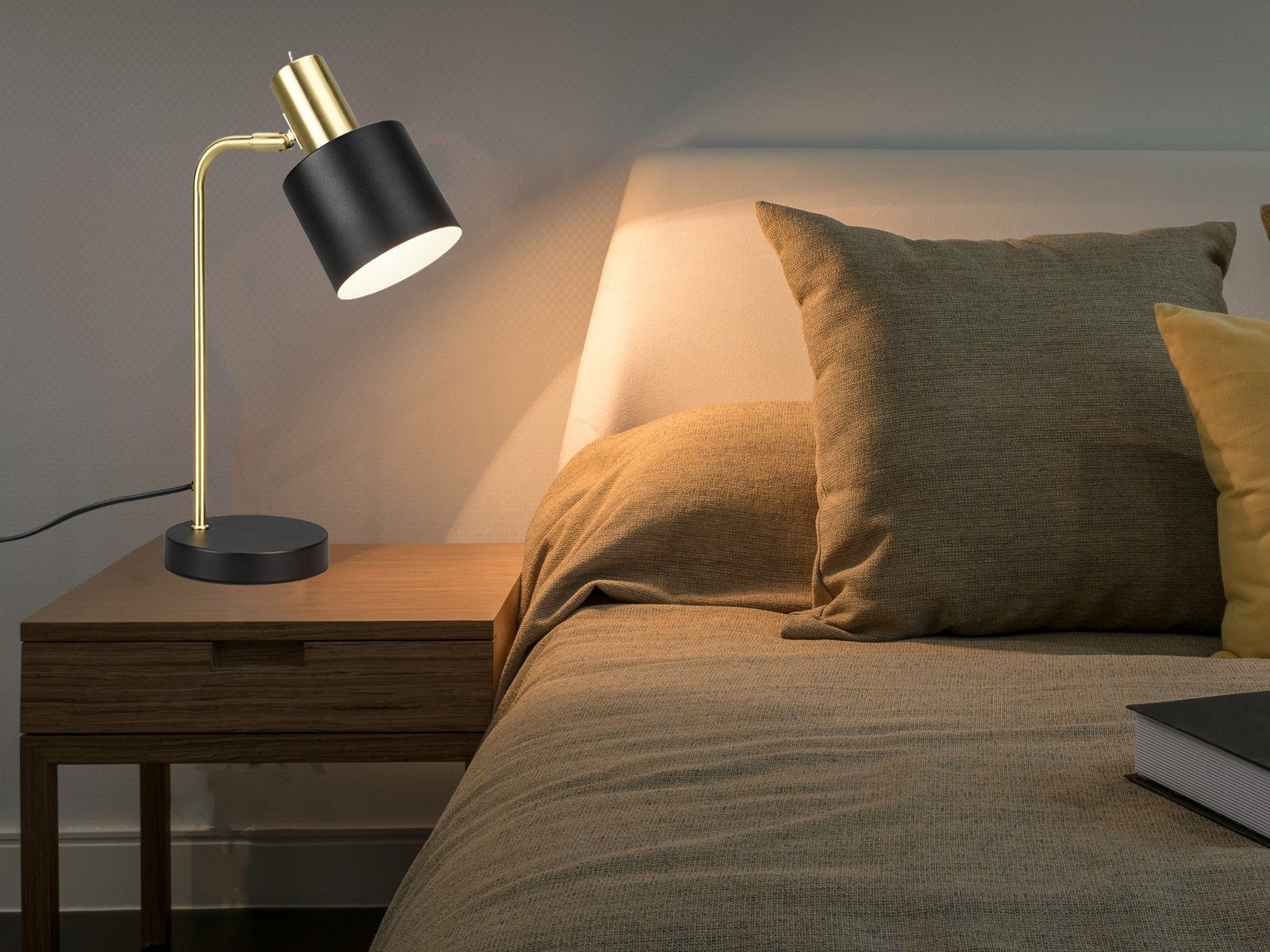 Schwarz meineWunschleuchte Nachttischlampe, Gold, LED H: Schwarz-Gold 43cm dimmbar, wechselbar, mit Leselampe große Bett Lampenschirm LED warmweiß,