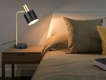 meineWunschleuchte LED Nachttischlampe, LED wechselbar, warmweiß, dimmbar, große Leselampe Bett mit Lampenschirm Schwarz Gold, H: 43cm