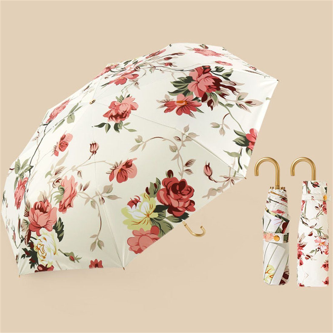 DÖRÖY Taschenregenschirm UV-Faltschirm,Tragbarer Regenschirm,Goldener Haken-Regenschirm