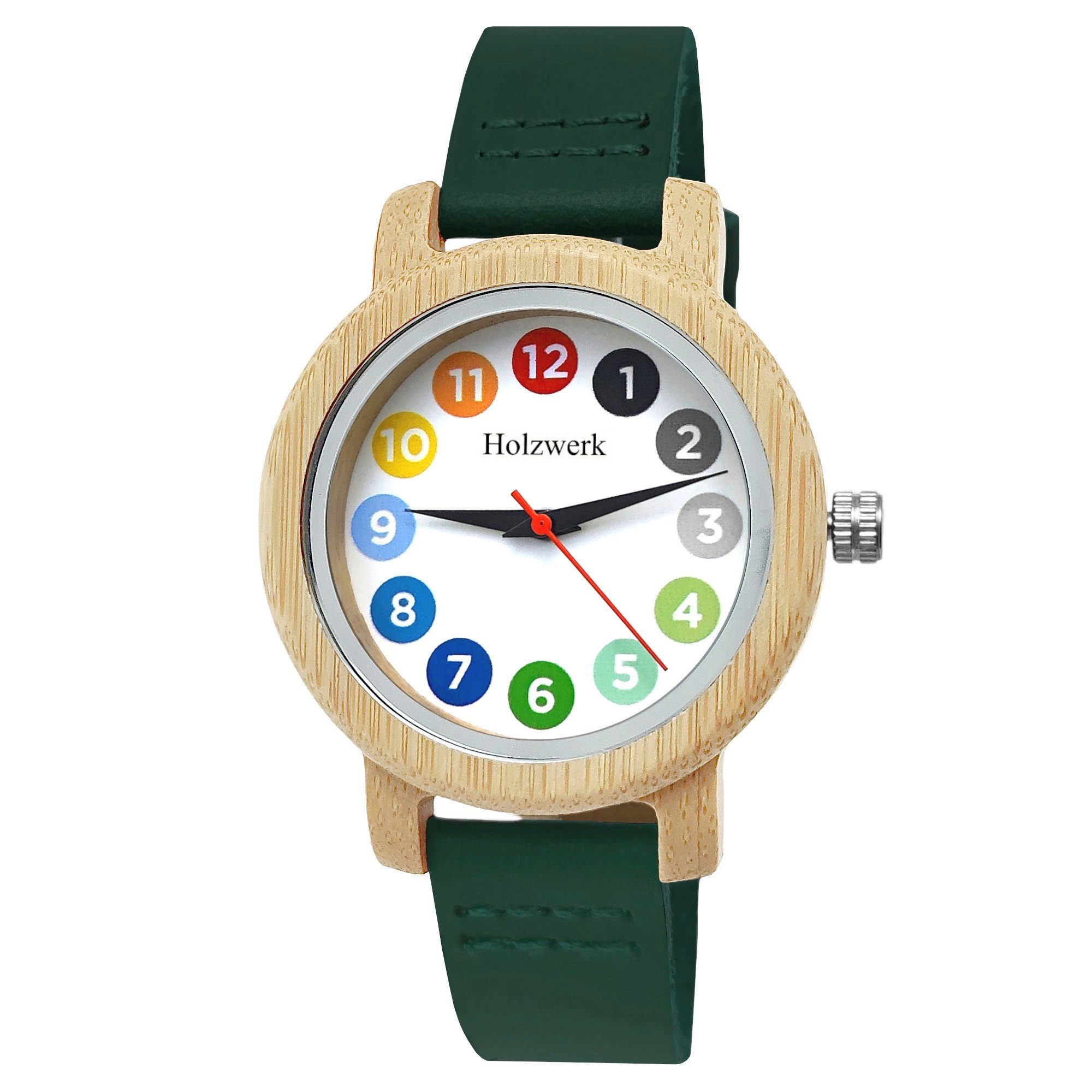 Quarzuhr RAINBOW GREEN bunte kleine Damen Leder & Holz Armband Uhr, grün