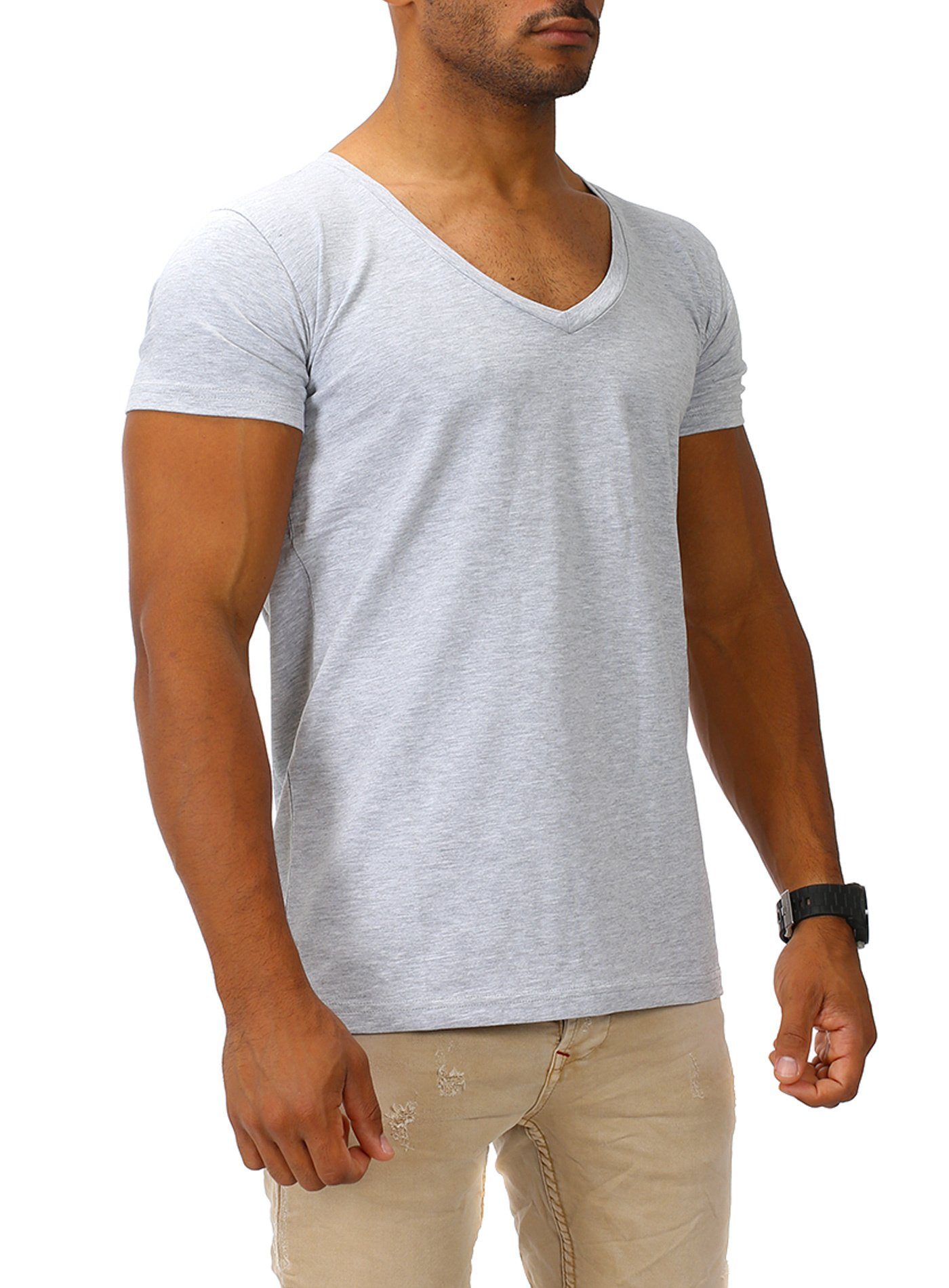 Joe Franks T-Shirt mit tiefem grey V-Ausschnitt melange