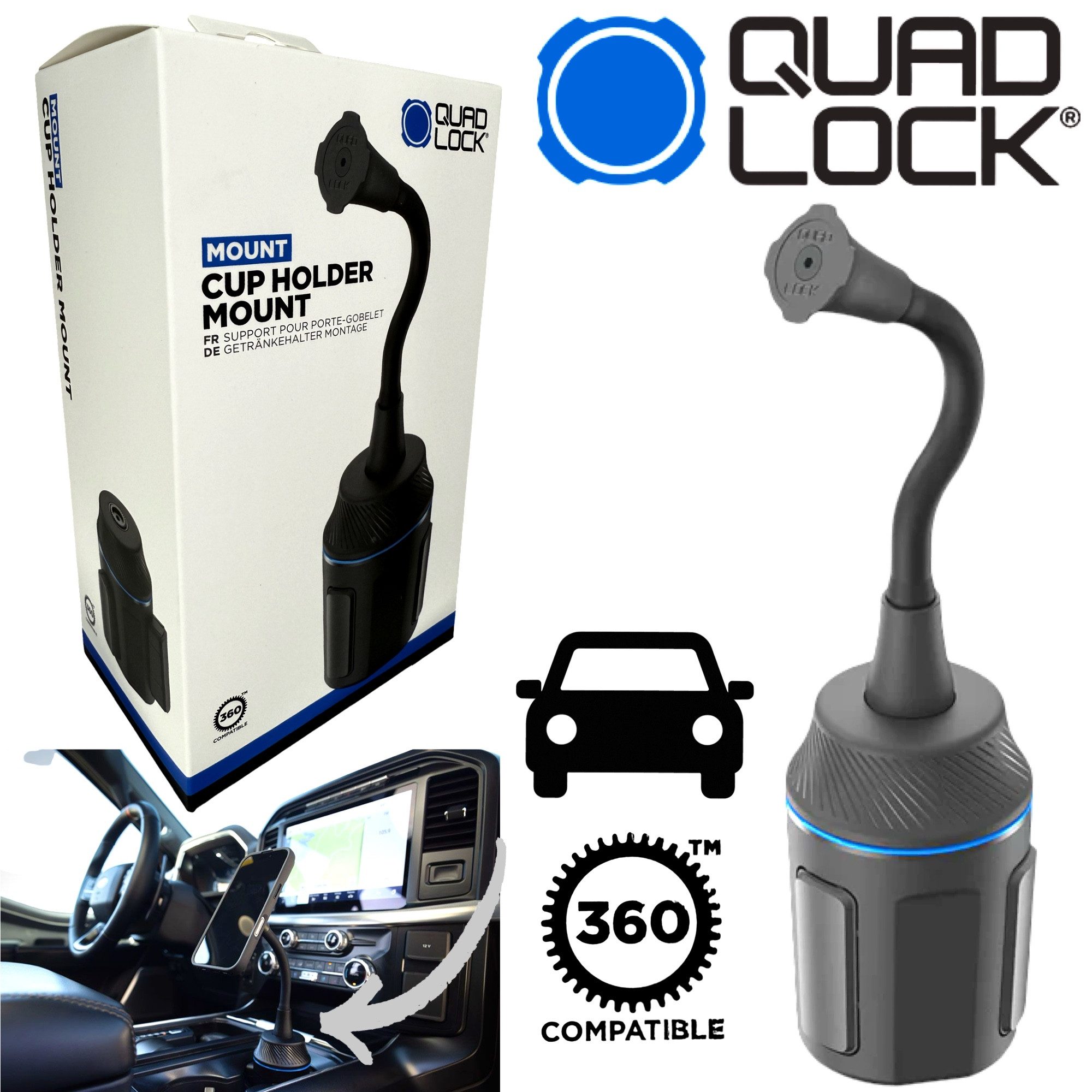 Quad Lock Handy-Halterung QUAD LOCK 360 Cup Auto Boot Wohnmobil Becherhalter Handyhalterung