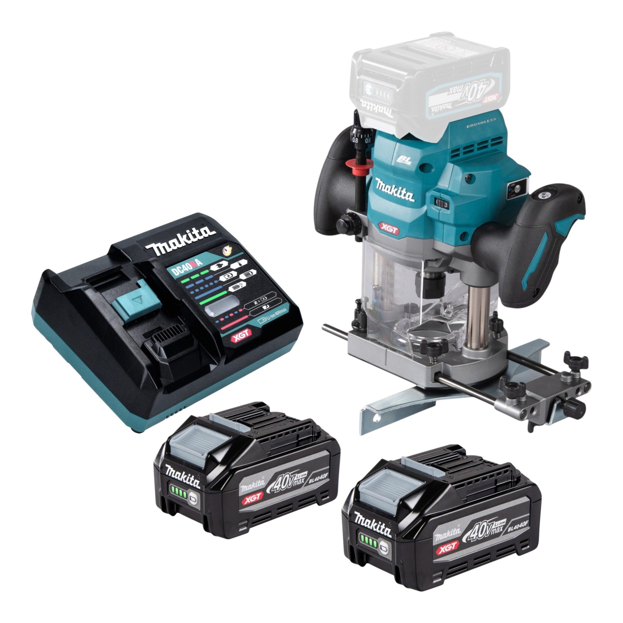 Makita Oberfräse RP 001 GU201 40 V max. 12 mm Brushless + 2x Akku 4,0 Ah + Ladegerät
