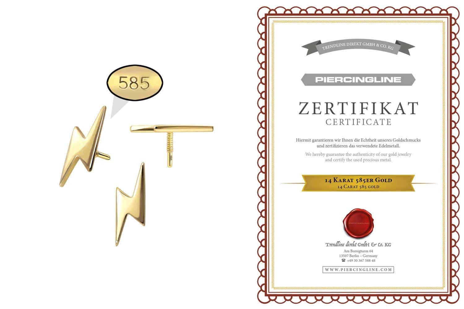 PIERCINGLINE Piercing-Set 14 Karat Gold Schraubaufsatz mit Außengewinde BLITZ (Schraub-Aufsätze, 1-tlg)
