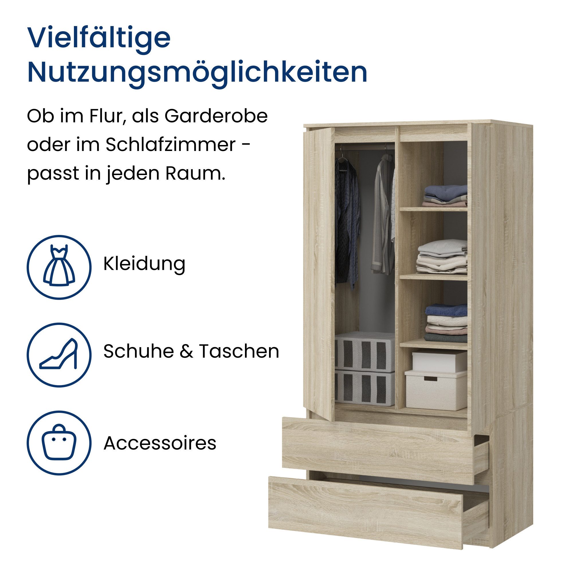 Home Collective Kleiderschrank Schrank 90cm breit mit 2 Schubladen, 3 Einlegeböden und Kleiderstange (Haushaltsschrank Schrank Organizer für Schlafzimmer Flur K – Bild 3 von 5