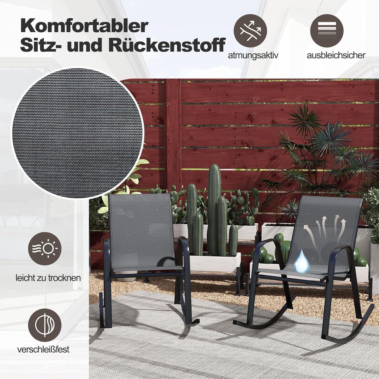 KOMFOTTEU Schaukelstuhl Gartenstuhl (2er Set), mit Rücklehne & Armlehne,bis 150 kg – Bild 4 von 5
