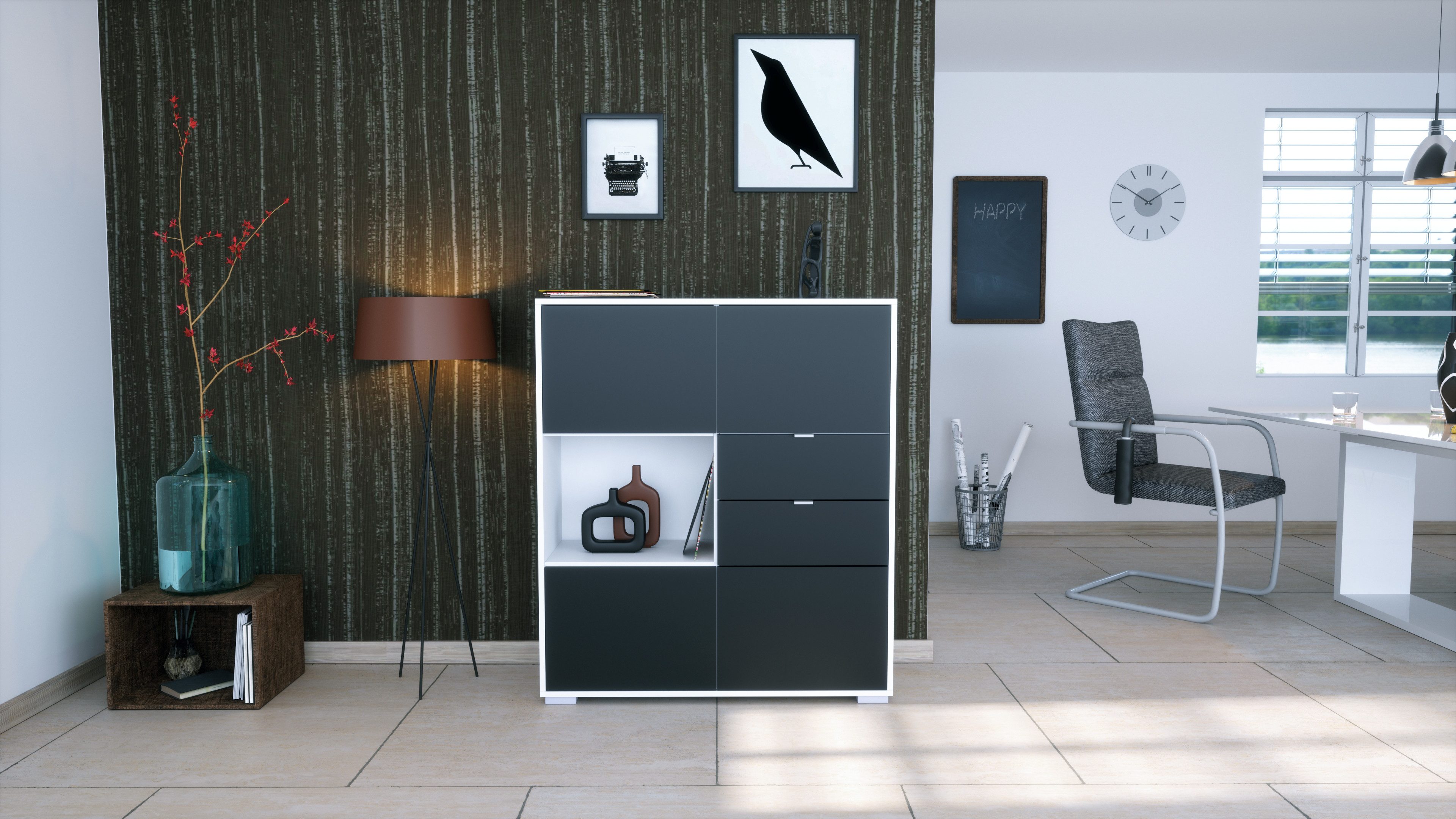 Vladon Highboard Milano V1 (Highboard mit 4 Tür Schwarz matt, 2 Schubladen Schwarz matt, Made in Germany), Korpus Weiß matt (103 x 118 x 37 cm)