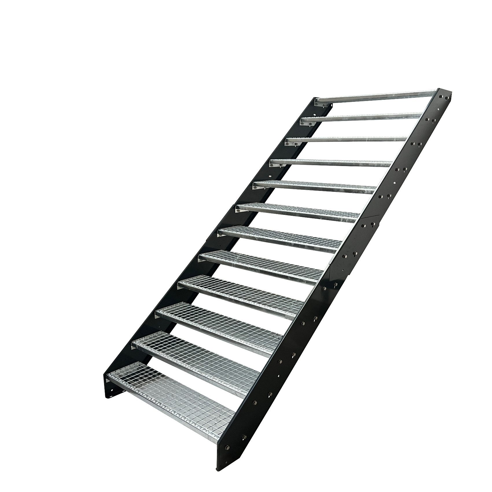 Kaminbau Mierzwa Außentreppe Stahltreppe 12 Stufen verzinkt mit und ohne Geländer/Wangen Anthrazit, für Geschosshöhen bis 228 cm, Stufen Gitterroststufen nach DIN 24531, (Stufenbreite und Geländerart wählbar), Aus Premium Materialien hergestellt