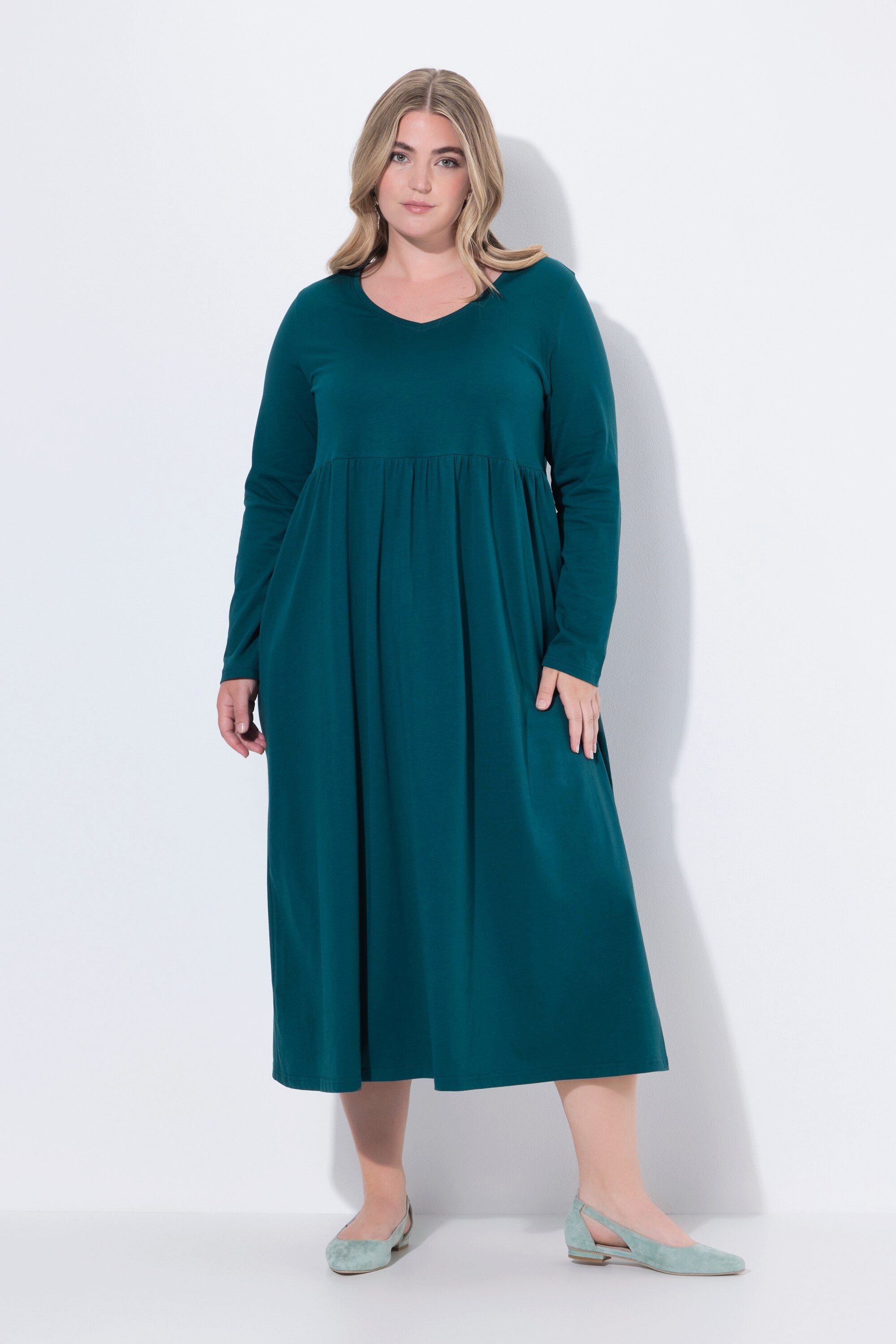 Ulla Popken Maxikleid Maxikleid A-Linie V-Ausschnitt Langarm günstig online kaufen