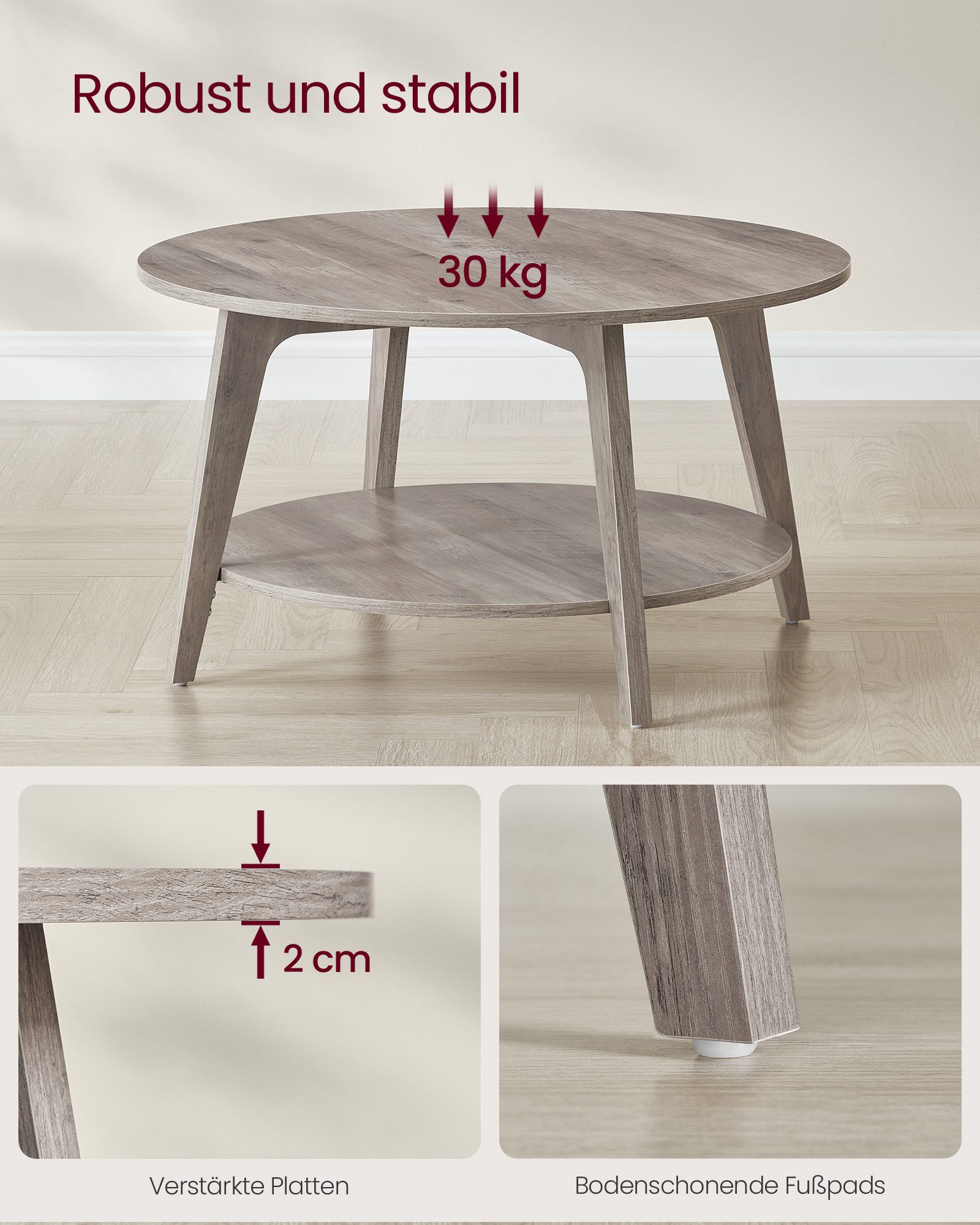 VASAGLE Couchtisch rund Wohnzimmertisch holz Beistelltisch (inkl. Zubehörpaket & Anleitung), 2 Ebenen, Ø 80 cm, modern, skandinavisch, einfache Montage – Bild 4 von 5