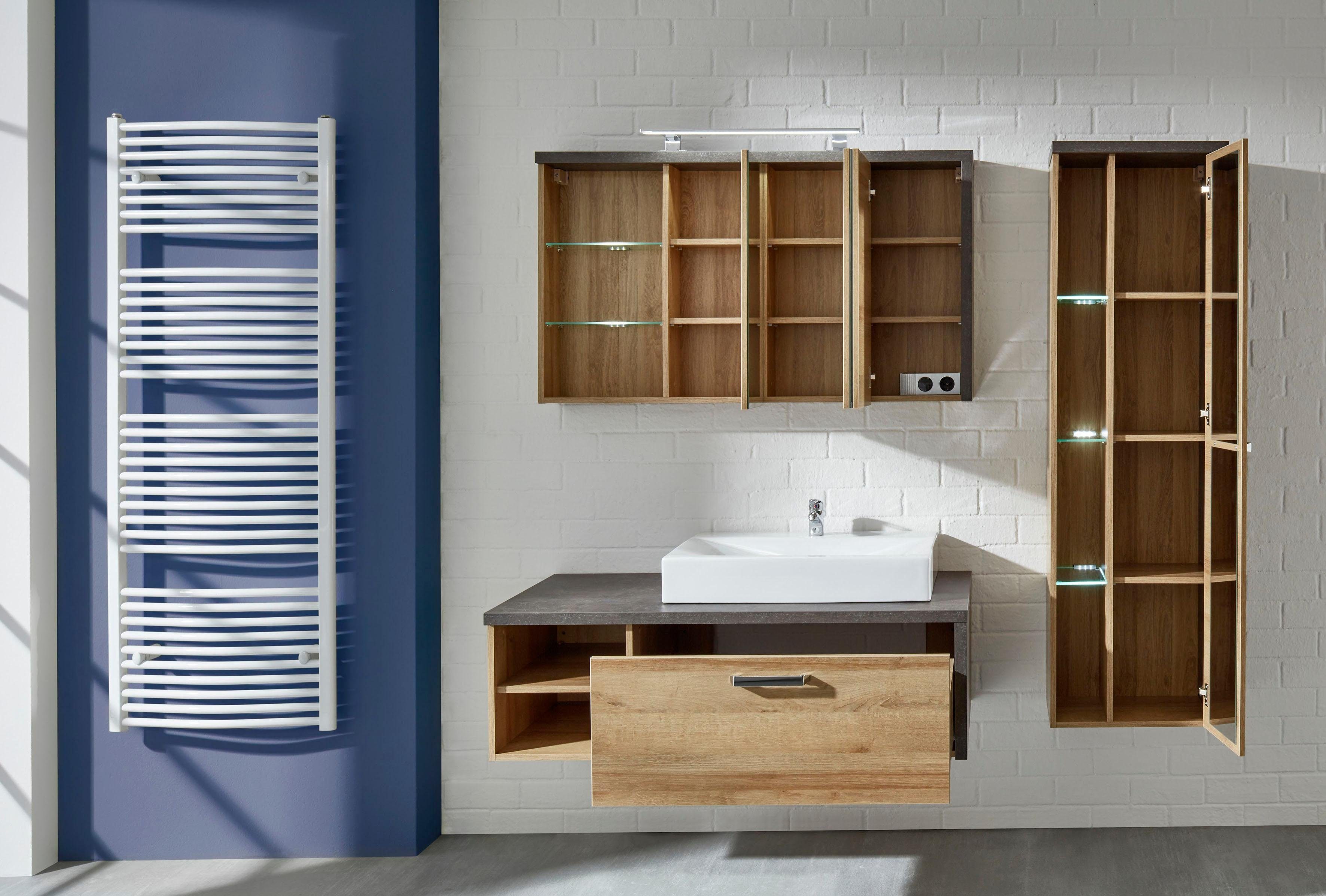 welltime Badmöbel-Set Bilbao, (Set, 3-St), Hängende Badezimmermöbel in Eichefarben - Mit 5 Glaseinlegeböden