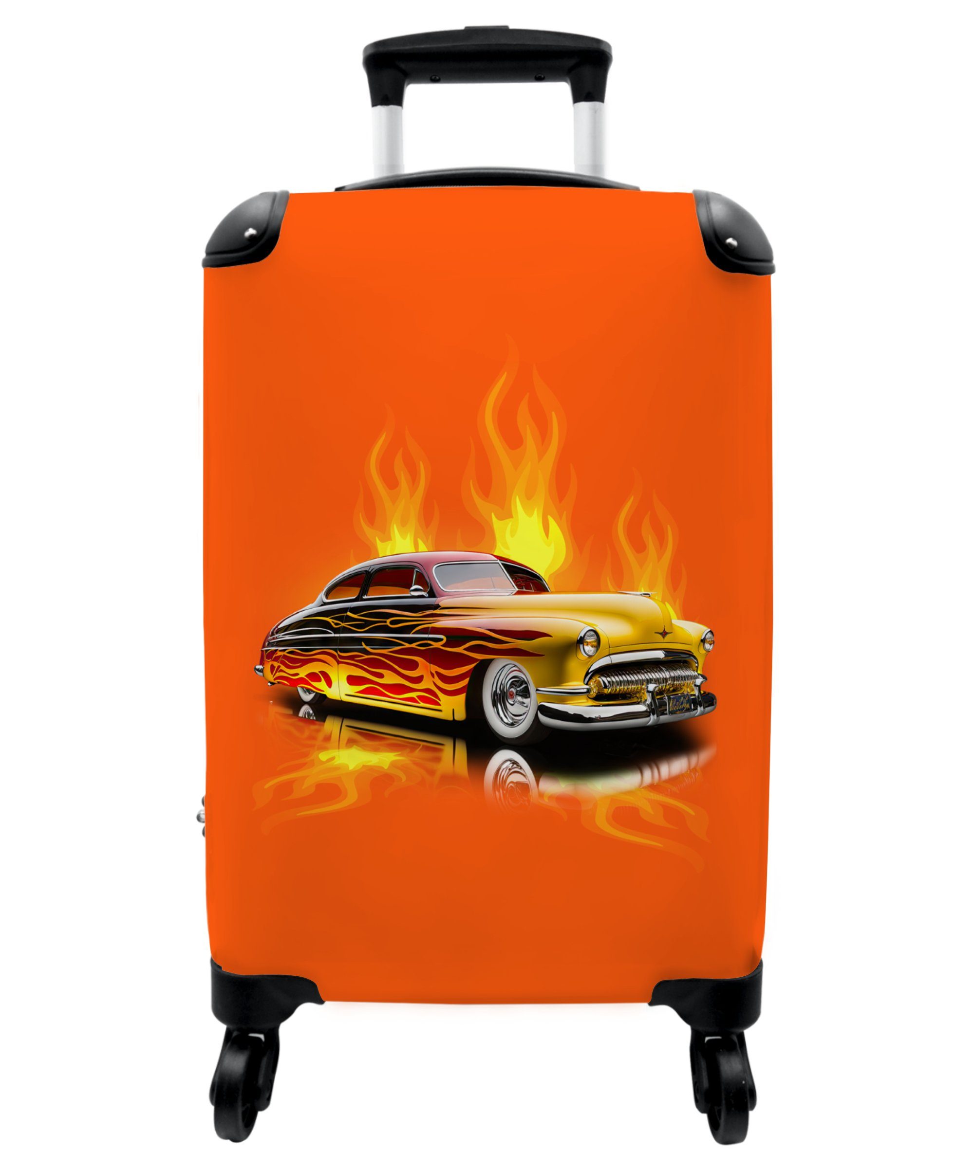 NoBoringSuitcases.com© Kinderkoffer 55x35x20cm Auto - Flammen - Orange - Feuer - Vintage, 4 Rollen, Kindertrolley, Handgepäck, Reisekoffer für Jungen