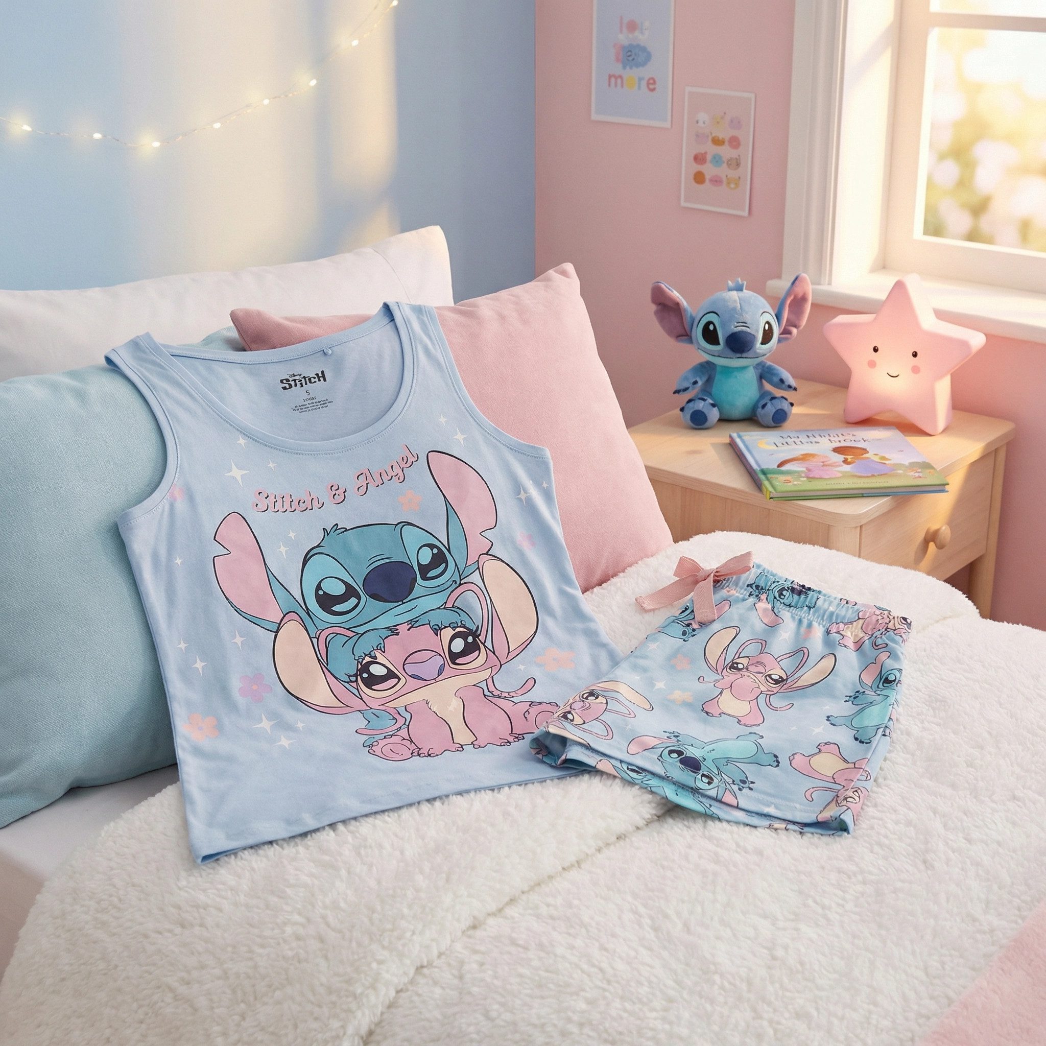 Disney Schlafanzug Disney Stitch Angel Damen Schlafanzug Pyjama Shirt Shorts (2 tlg) Gr. S bis XL - 100% Baumwolle