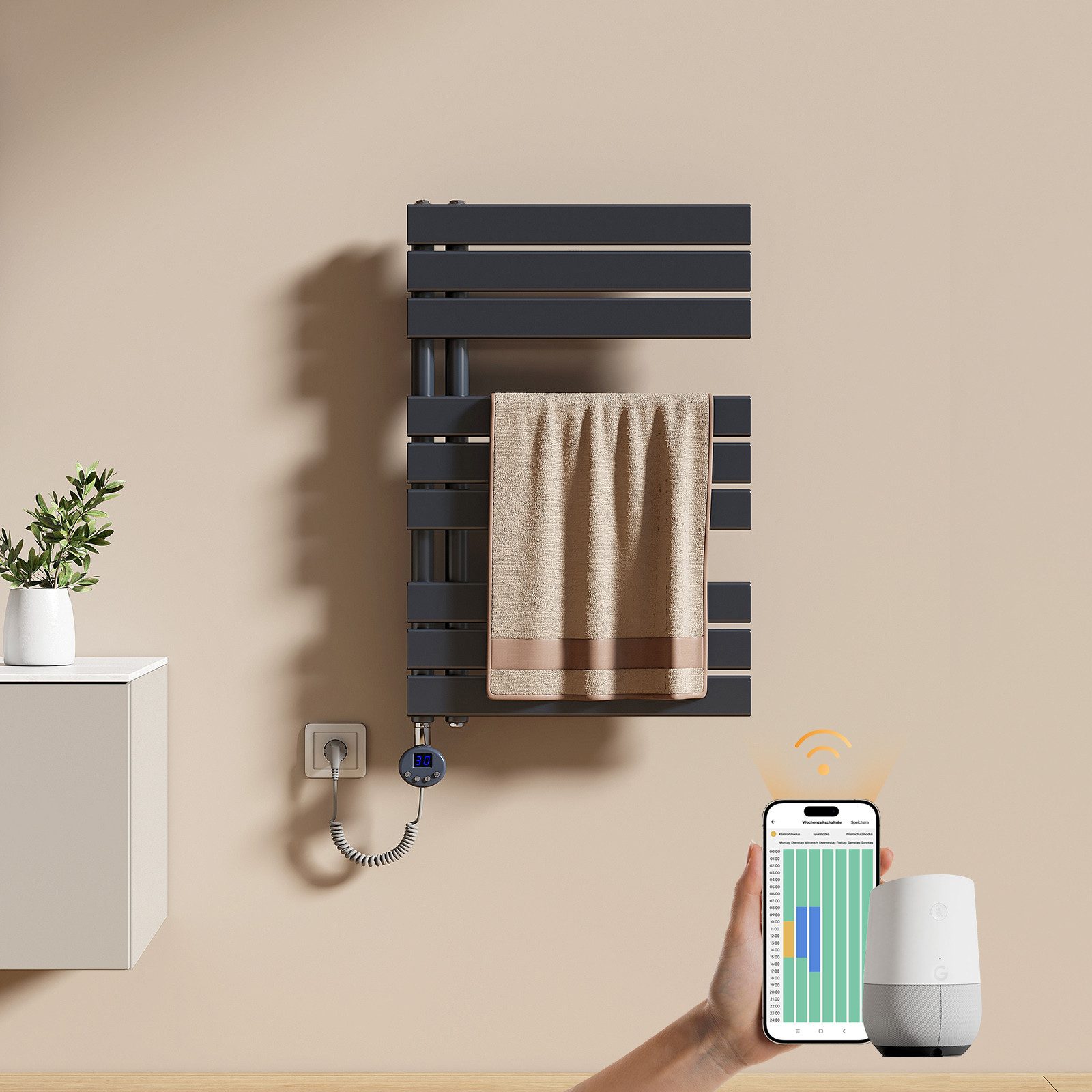 EMKE Elektrischer Badheizkörper Handtuchheizkörper mit Heizstab Wandheizung Seitenanschluss, Anthrazit 4 Heizmodi, IPX4, Kindersicherung 400W~1000W