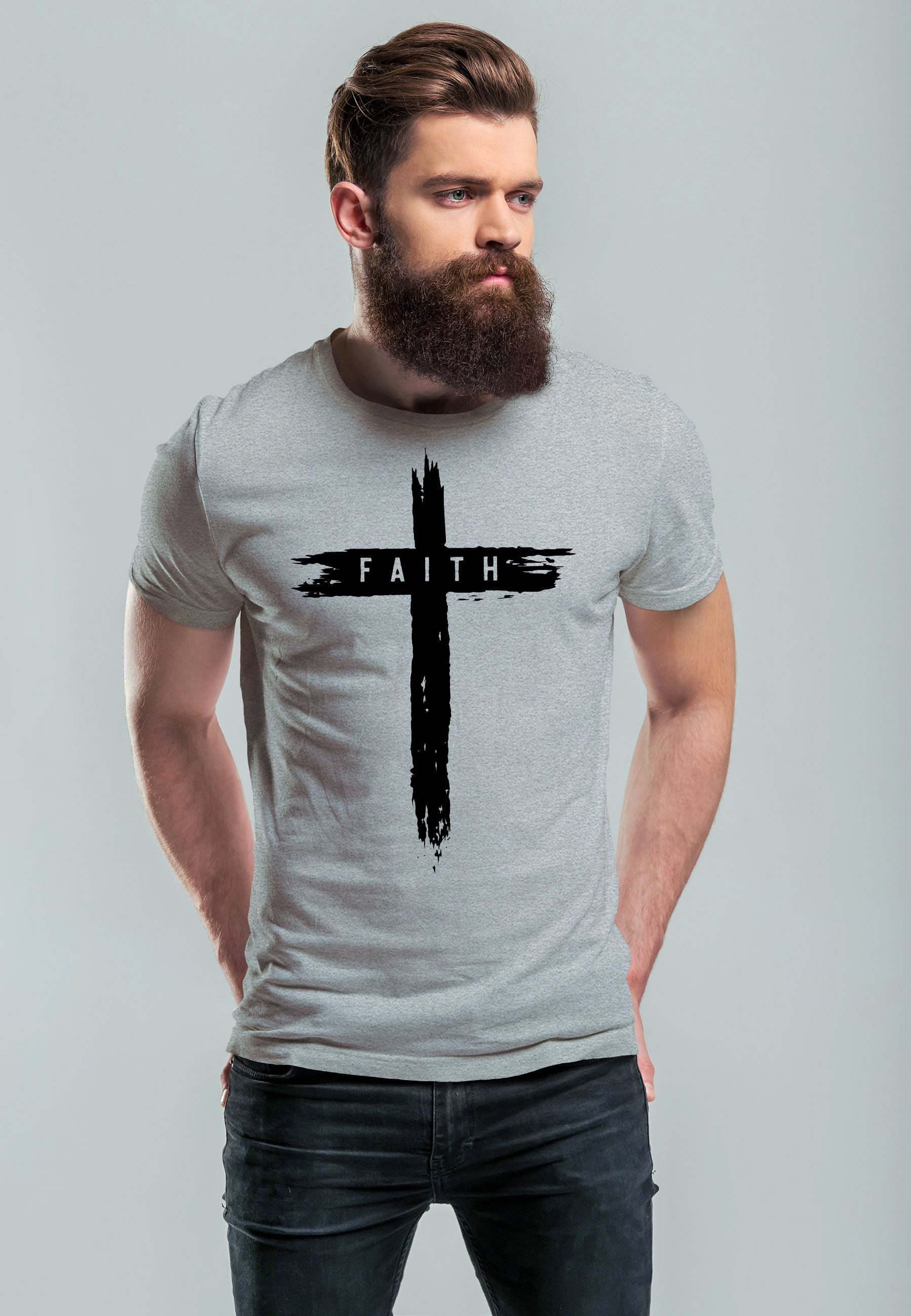 Neverless Print-Shirt Herren T-Shirt Printshirt Aufdruck Kreuz Cross Faith günstig online kaufen