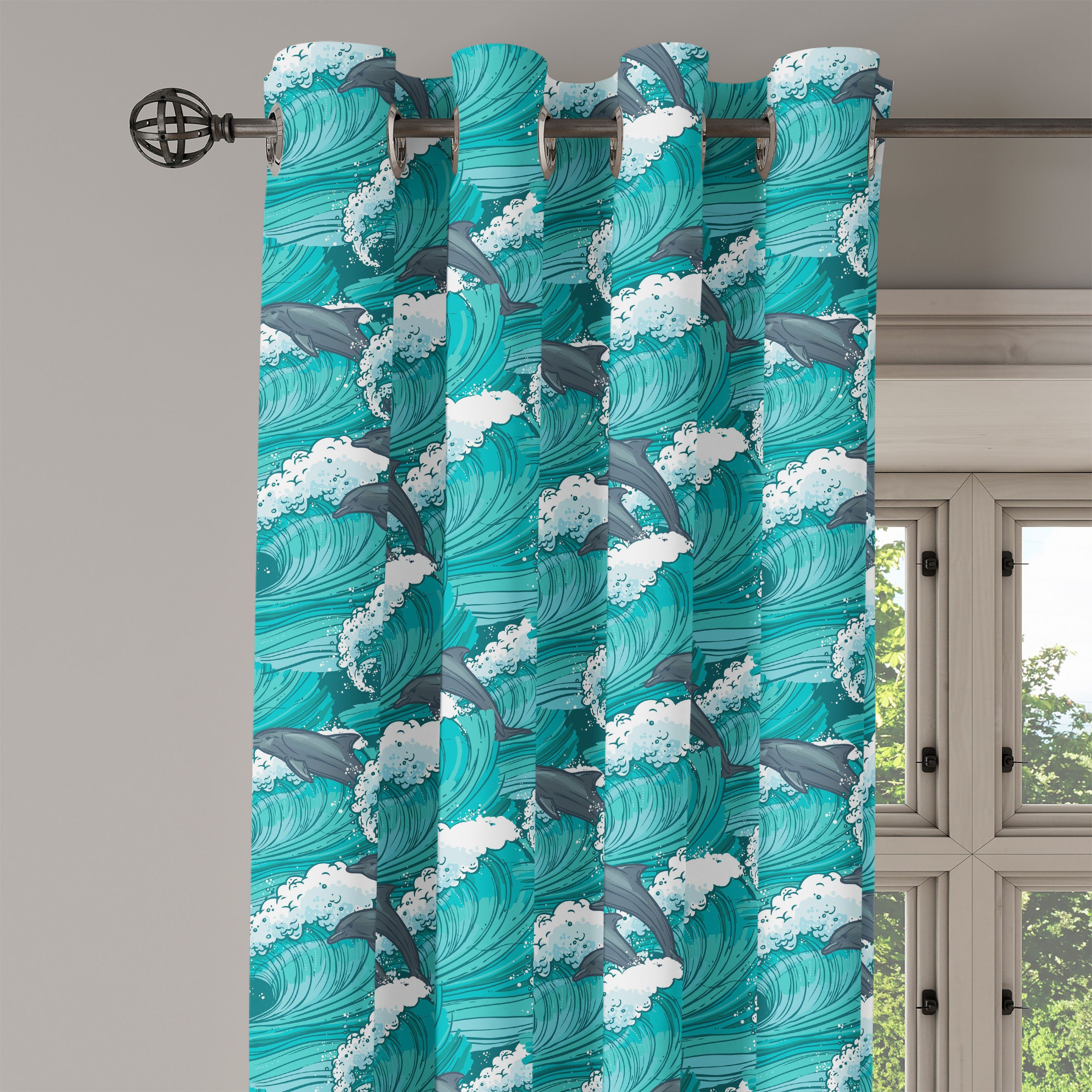 Ozean Dolphins Gardine Wohnzimmer, für Abakuhaus, 2-Panel-Fenstervorhänge Schlafzimmer Surfen Dekorative Doodle