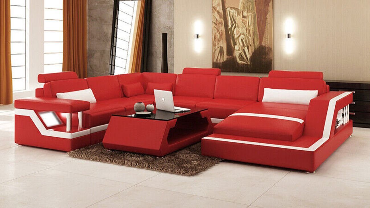 JVmoebel Ecksofa Leder Wohnlandschaft Eck Sofa Moderne Garnitur Couch Ecke USB+LED Rot