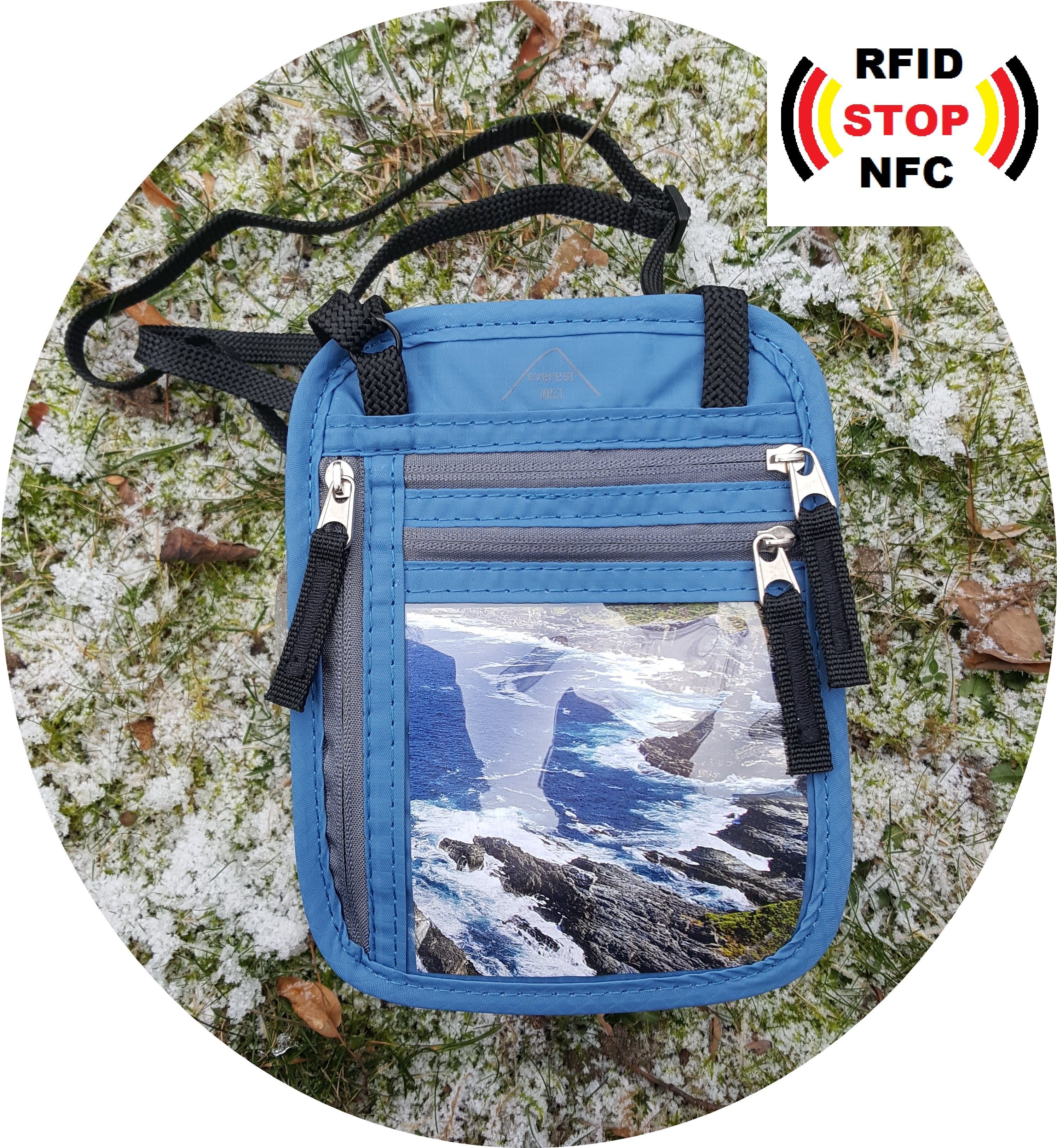 Brustbeutel blau Pumori blocker 1953 Paßhalter, Brusttasche RFID mit RFID-blocker everest