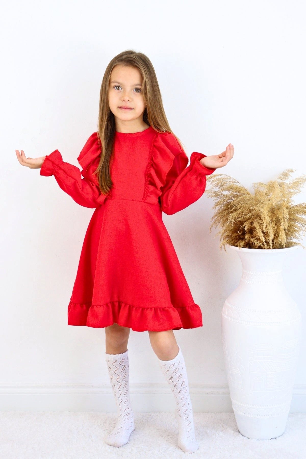 Parla Kids Sommerkleid Rotes Mädchen Leinenkleid – Langarm mit Rüschen – Bild 4 von 5