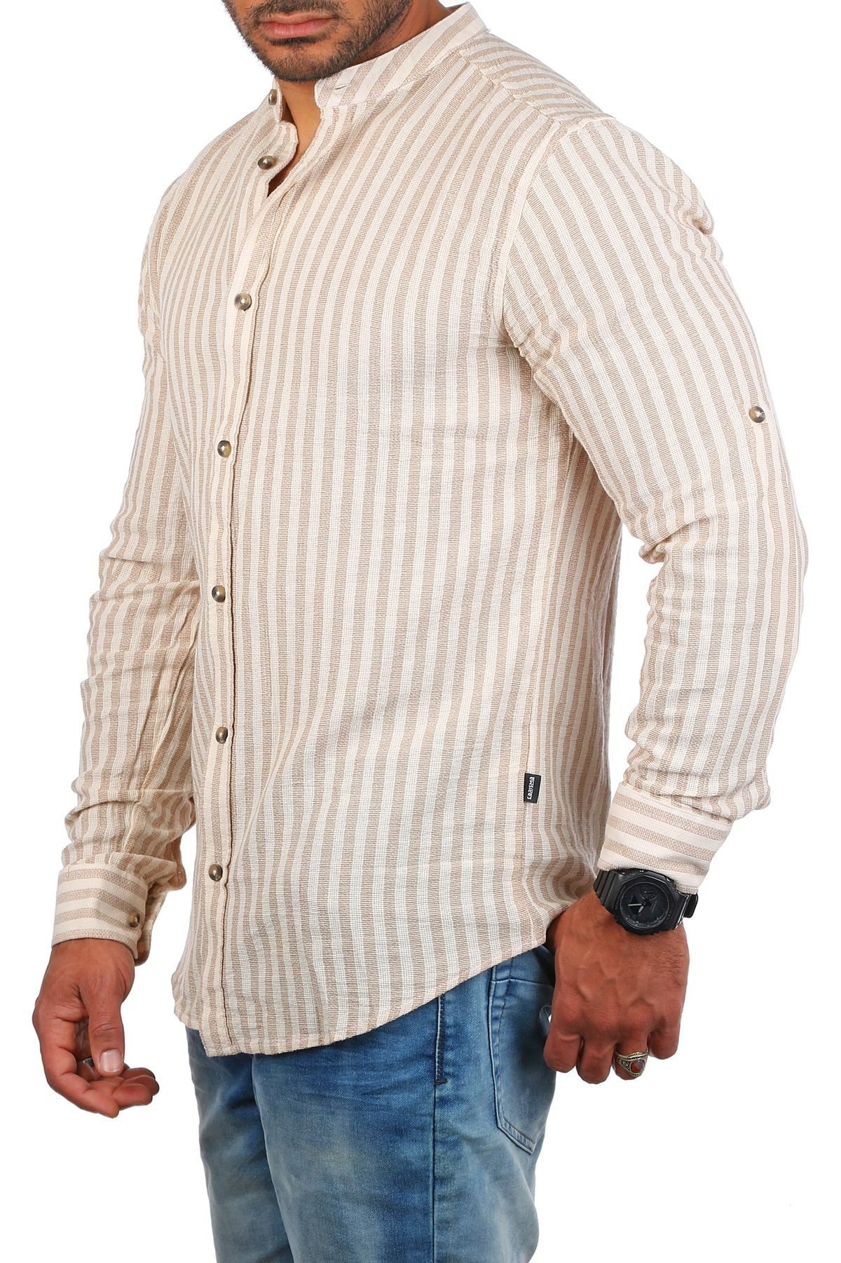 CARISMA Langarmhemd Herren Hemd trendig luftig grob gewebt retro Look 8607 Regular Langarm Stehkragen Gestreift
