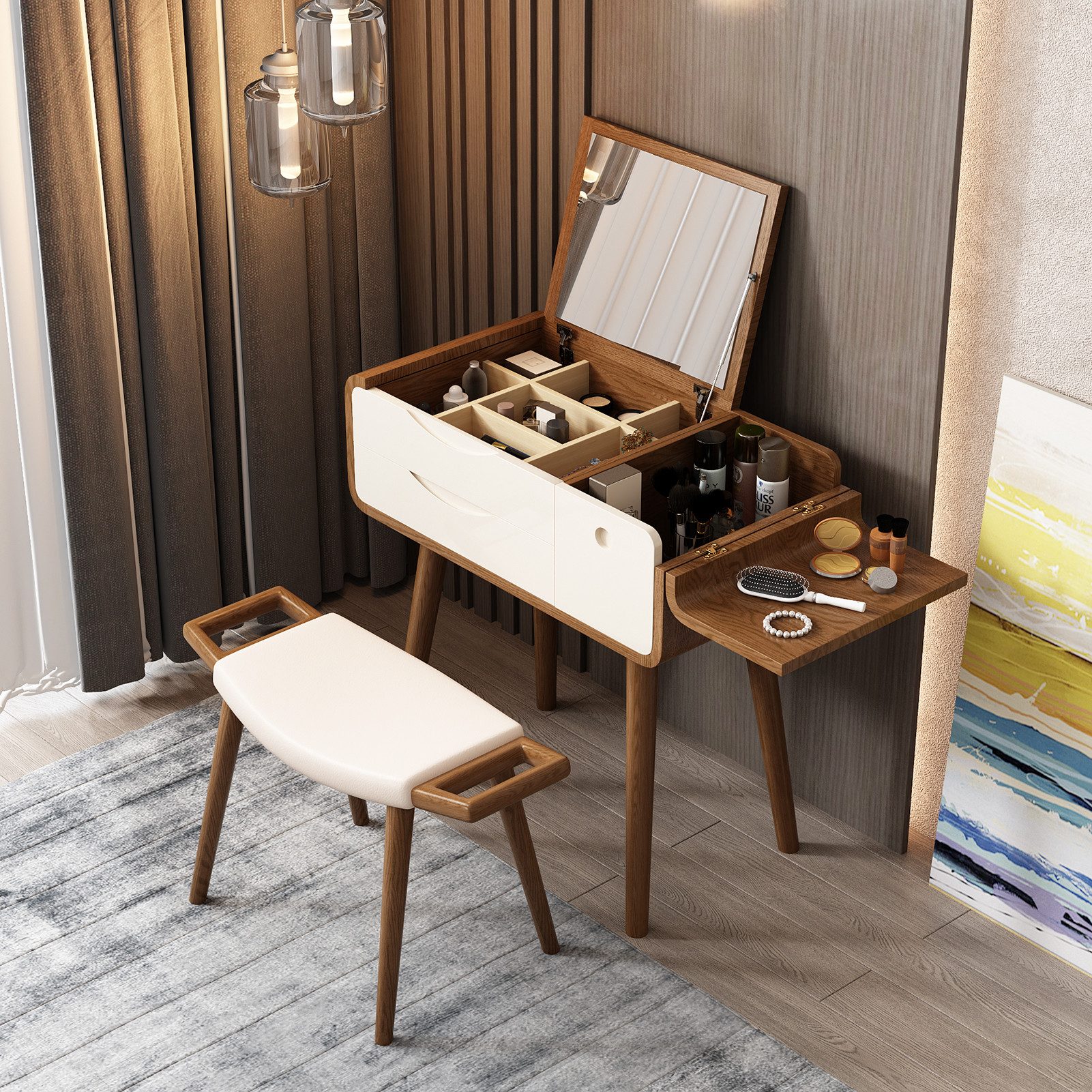 Graceabode Schminktisch mit Spiegel – Make-up-Tisch mit verstecktem Aufbewahrungsfach (mit Hocker), Aufklappbarer Schminkspiegel, praktisch fürs Schlafenzimmer