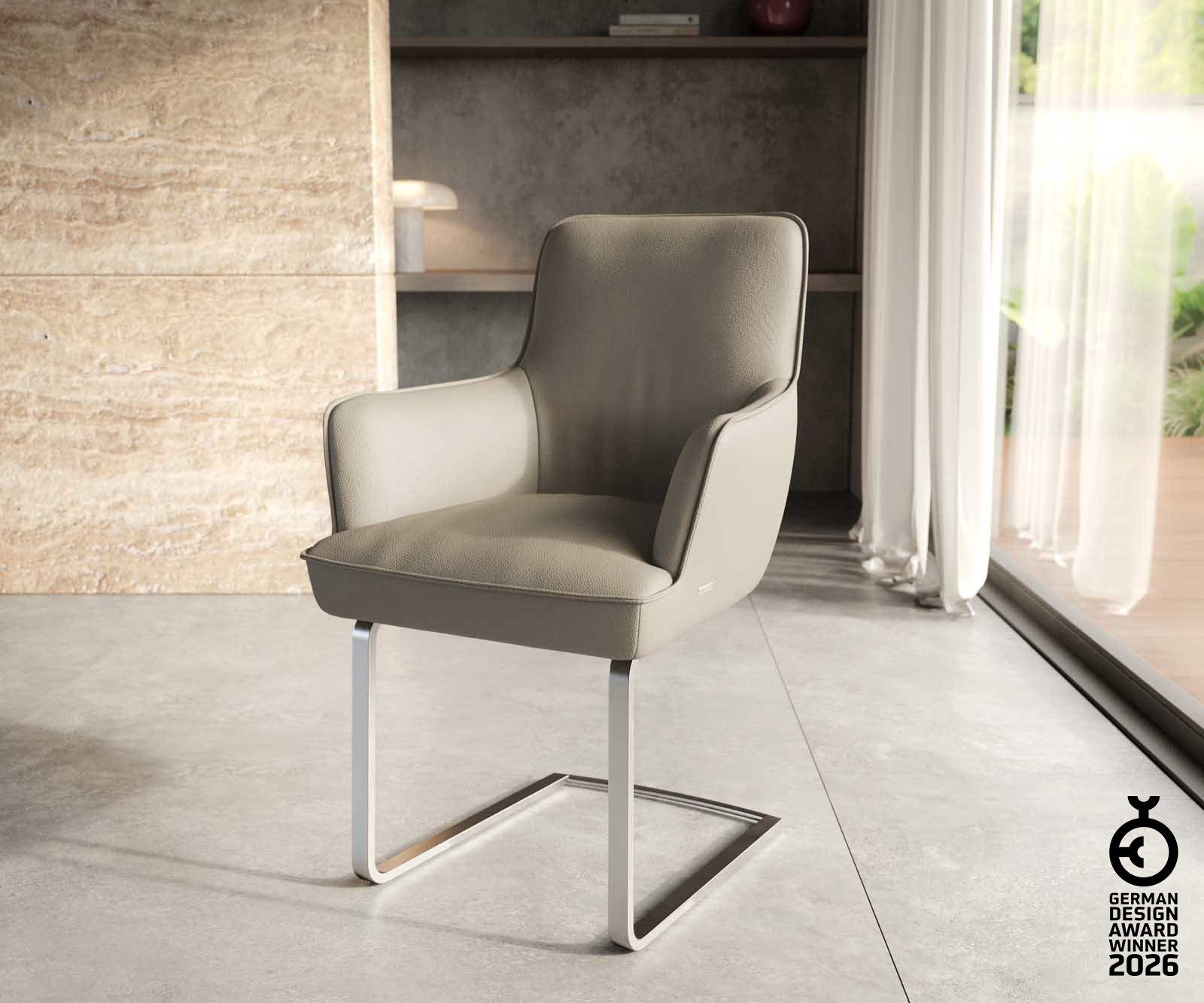 DELIFE Polsterstuhl Heira-Flex, mit Armlehnen Freischwinger flach Edelstahl Echt-Leder Schlamm Taschen