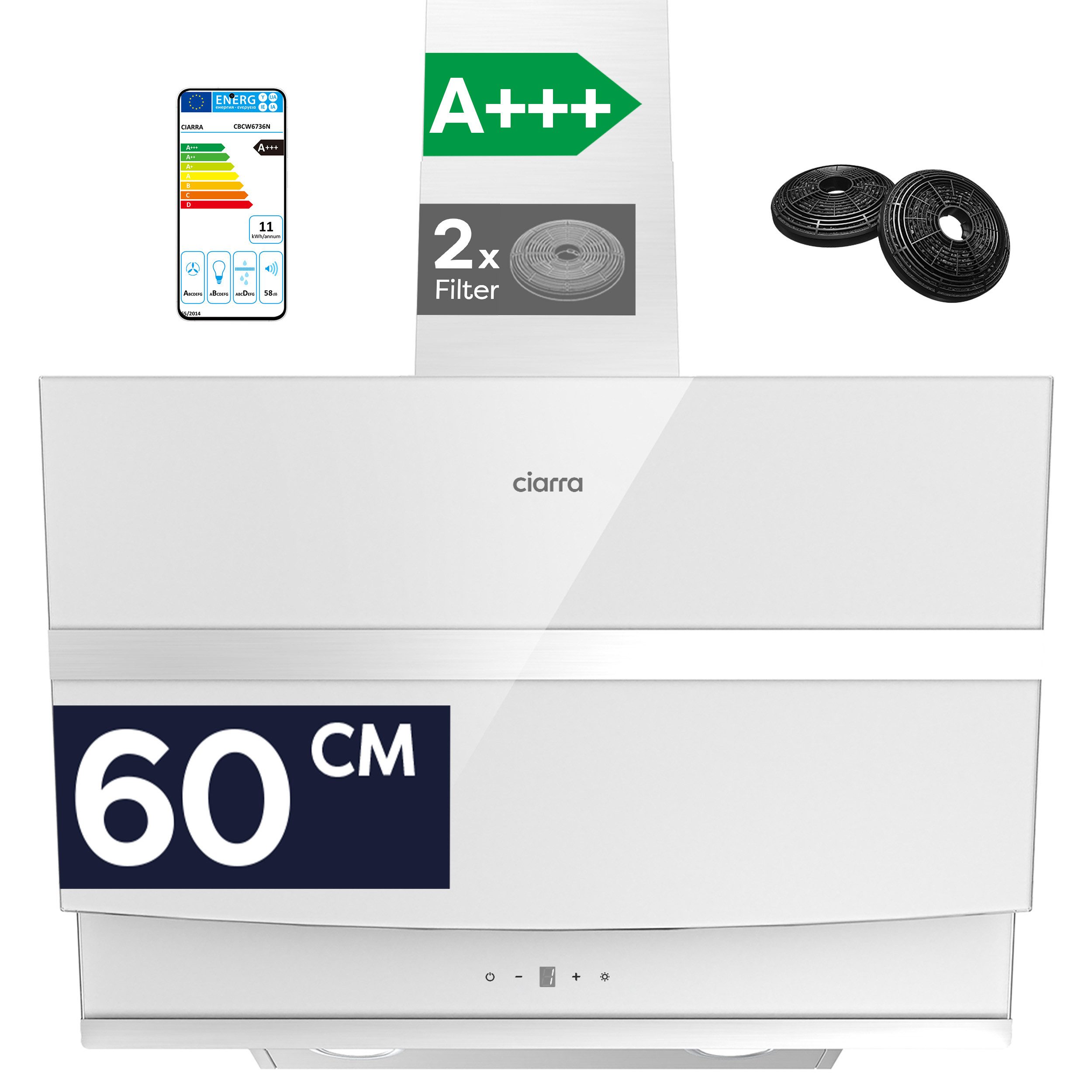 CIARRA Kopffreihaube 60 cm Dunstabzugshaube A+++ 650 m³/h starke Saugleistung VM6736NW Serie 4 Stufen Inkl. BOOST 60 cm Dunstabzugshaube A+++ 650 m³/h starke Saugleistung VM6736NW, Leise Schräghaube 5-Minuten-Nachlaufschaltung WIFI-APP Touch Control