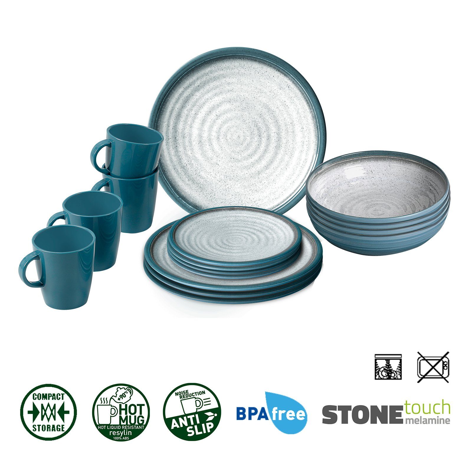 BRUNNER Geschirr-Set BRUNNER Campinggeschirr Set TUSCANY (8, 12, 16, 36-Teile) Rutschfest (16-tlg)
